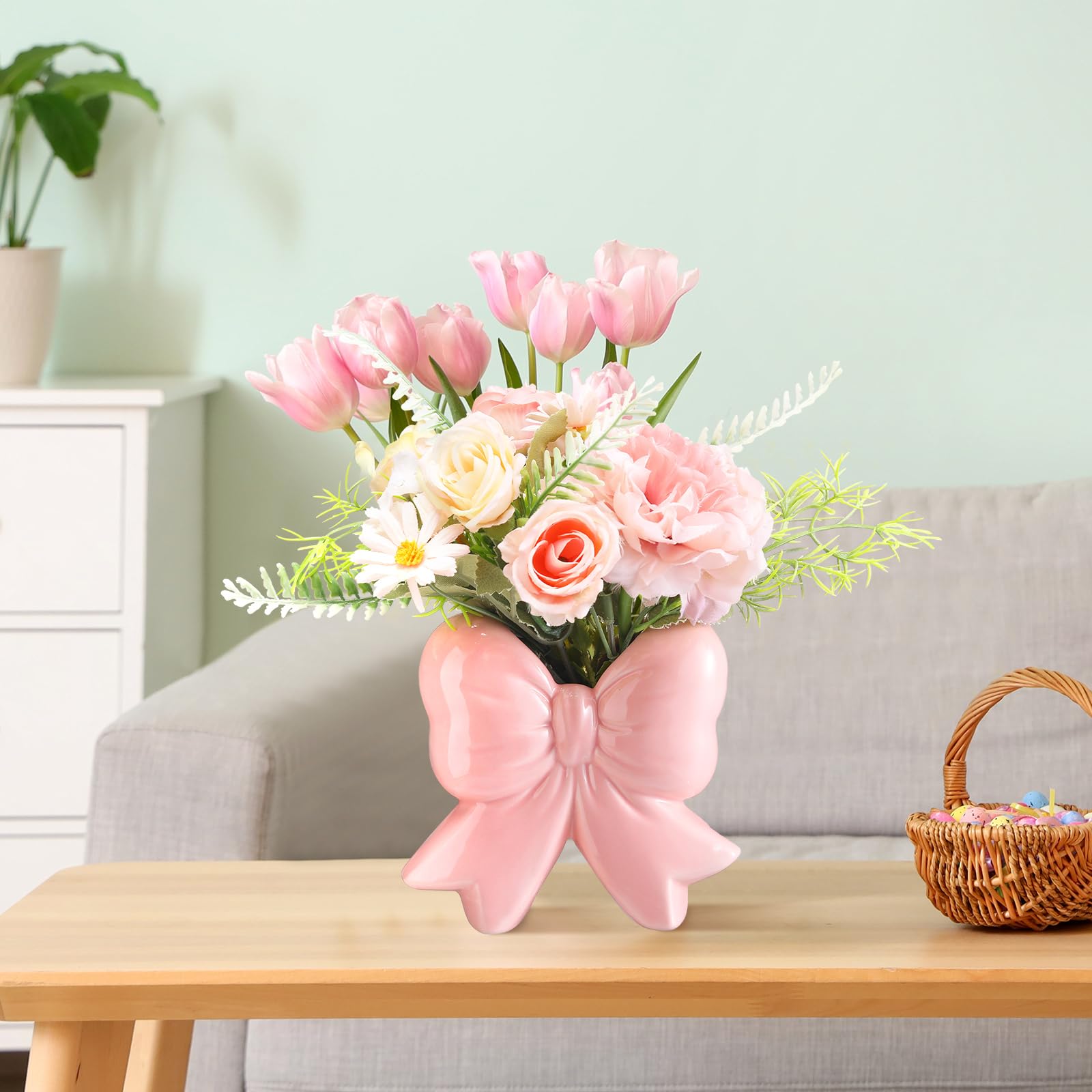 Jarrón de cerámica con lazo rosa, pequeño jarrón de coqueta, soporte para brochas de maquillaje, diseño contemporáneo, decorativo, regalo para mujer, para el hogar, oficina, estante, mesa 3