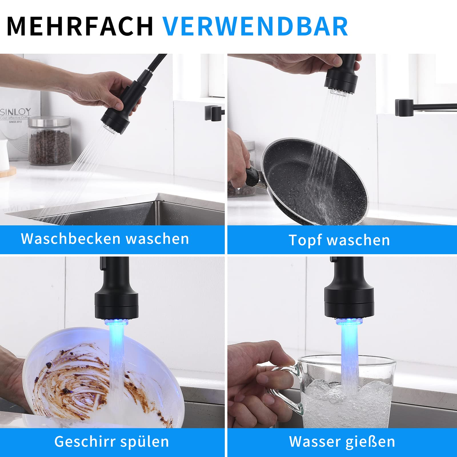AIMADI Küchenarmatur Ausziehbar LED Wasserhahn Küche, 2 Wege Spüle (Strahl & Spray), 360° Drehbar, Einhebelmischer für Spülbecken, Schwarz Matt