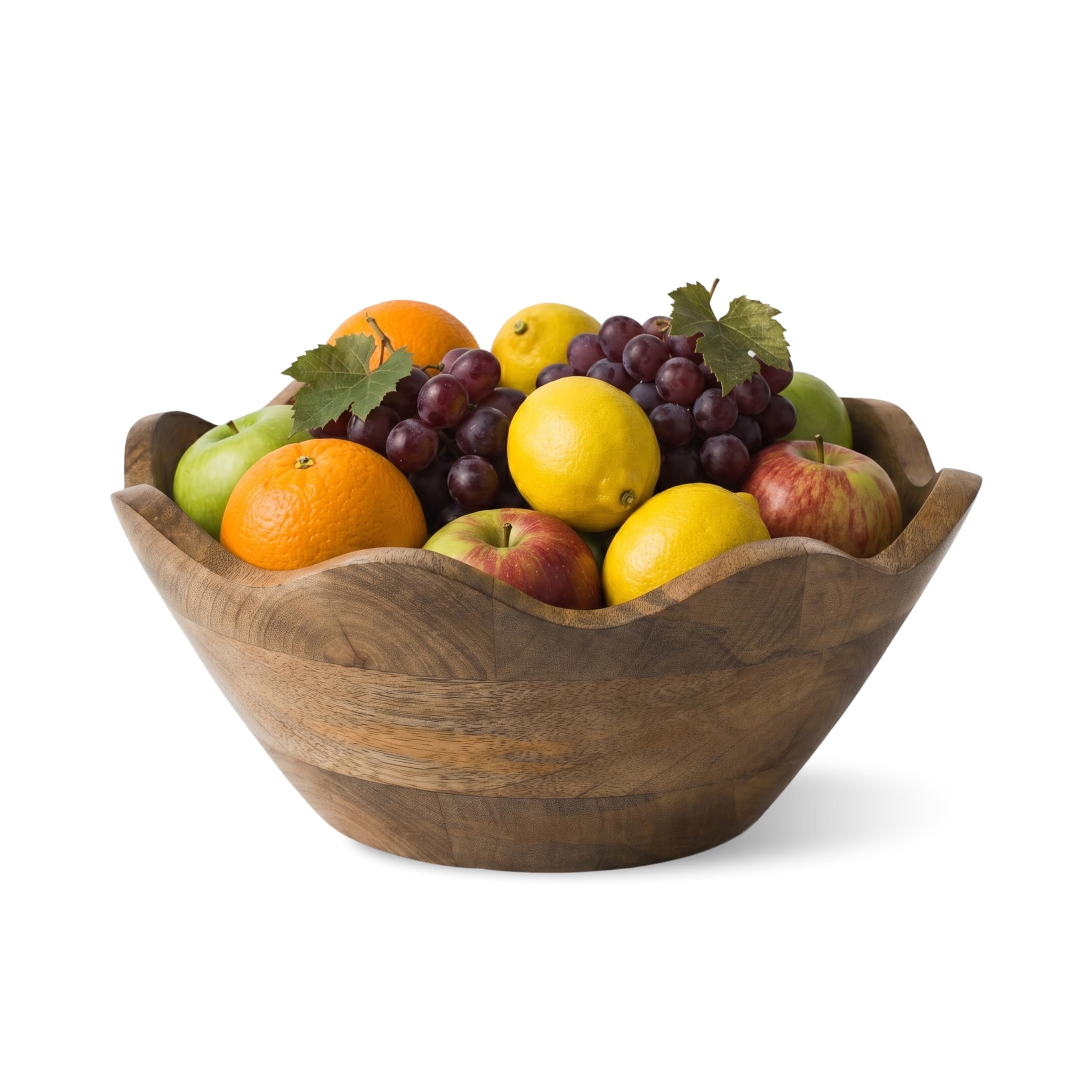 Mela Artisans Cuenco festoneado de madera, mediano, estilo decorativo con volantes, decoración rústica de cocina, madera de mango, acabado de grano natural, se adapta a pan, frutas, ensalada o