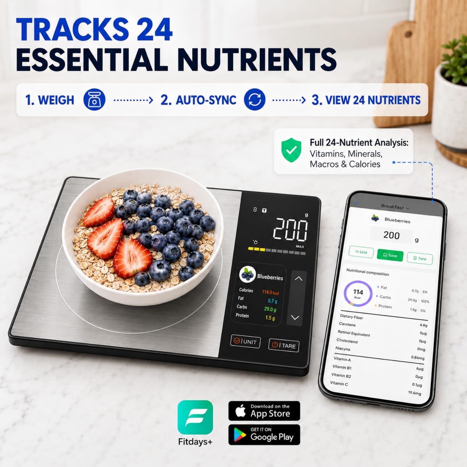 Smarte Ernährungswaage mit TFT-Display & App, Trackt Kalorien/Fett/Kohlenhydrate/Protein, 1g Präzision, 5kg/11lb, 50 Lebensmittel & 24 Nährstoffe, Digitale Küchenwaage für Meal Prep