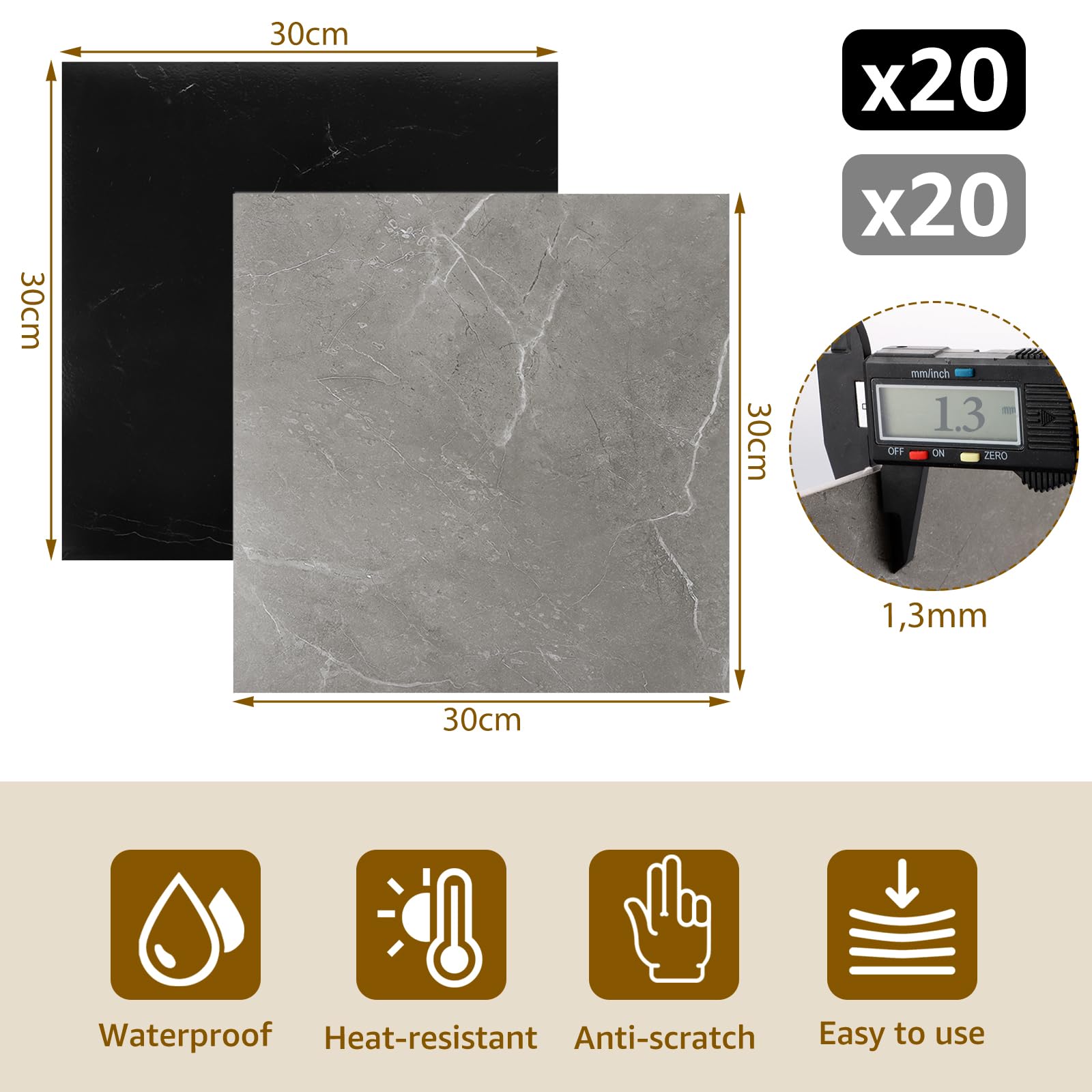 CYEER 40 stuks pvc-vloertegels, zelfklevend, 30 x 30 cm, vinylvloer, zelfklevend, waterdicht, antislip, zelfklevende vloertegels voor keuken, woonkamer, badkamer