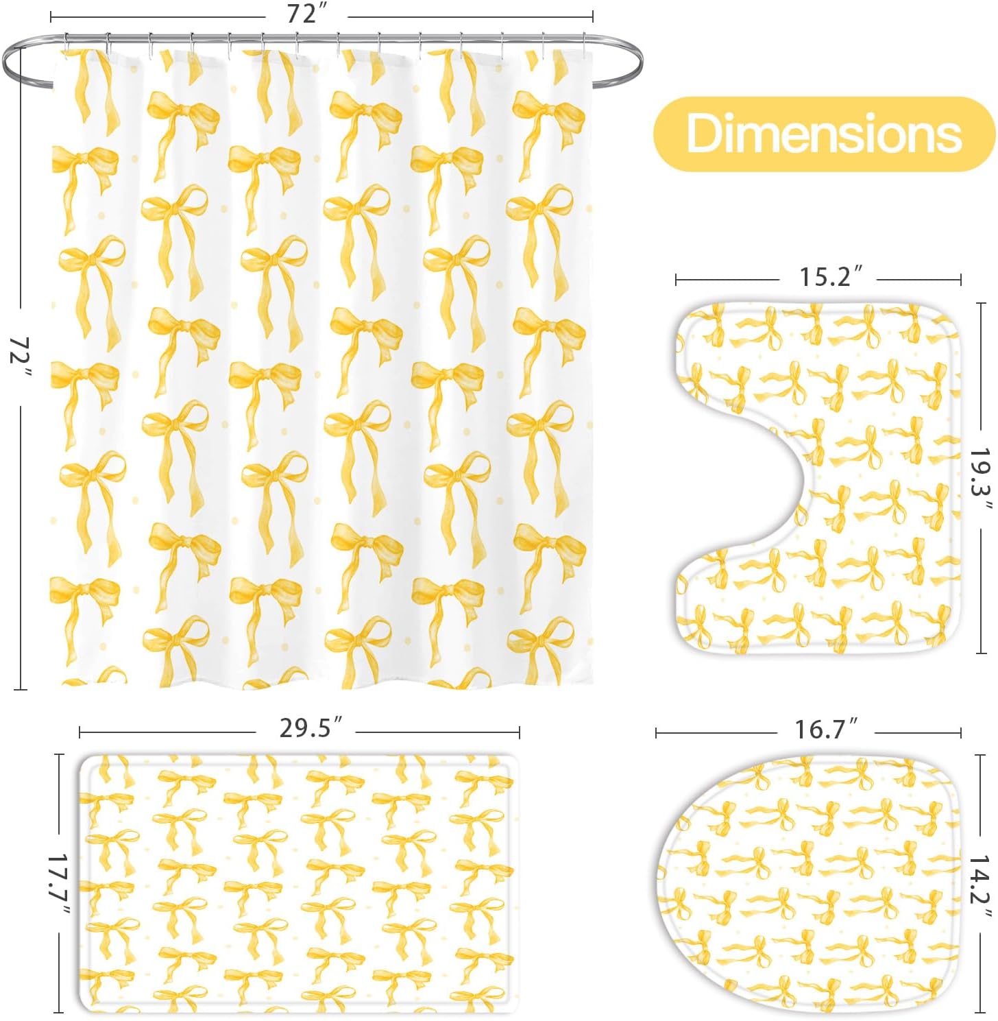 Litabel 4Pcs Cute Yellow Bow Shower Curtain Sets with Rug, Toilet Lid Cover and Bath Mat, Aesthetic Bowknot Shower Curtains for Yellow Bathroom Decor, Modern Minimalist White Waterproof Bathroom Set