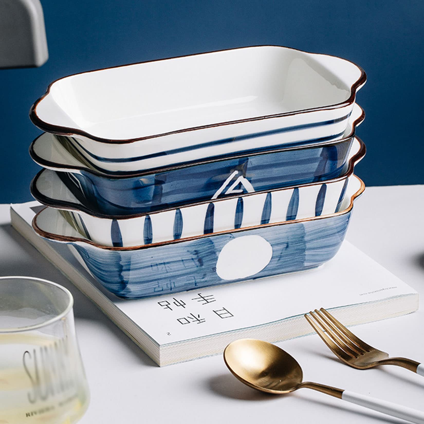 Ceramic Deep Dish Set of 2,Pie Pan Rectangular Japanese-Style Porcelain Pie Plate for Baking, Porcelain Pie Baking Dish for Cooking Bakeware Christmas Dinner,E