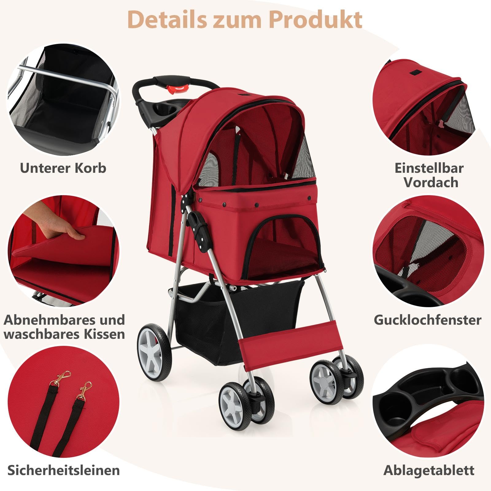 SOARS Passeggino per Cani e Gatti Pieghevole Fino 15 kg, Carrello per Animali Domestici, Trasportino Carrozzina Portatile da Viaggio e Passeggio con Tettuccio per Cuccioli, 87 x 46 x 102 cm (Rosso)