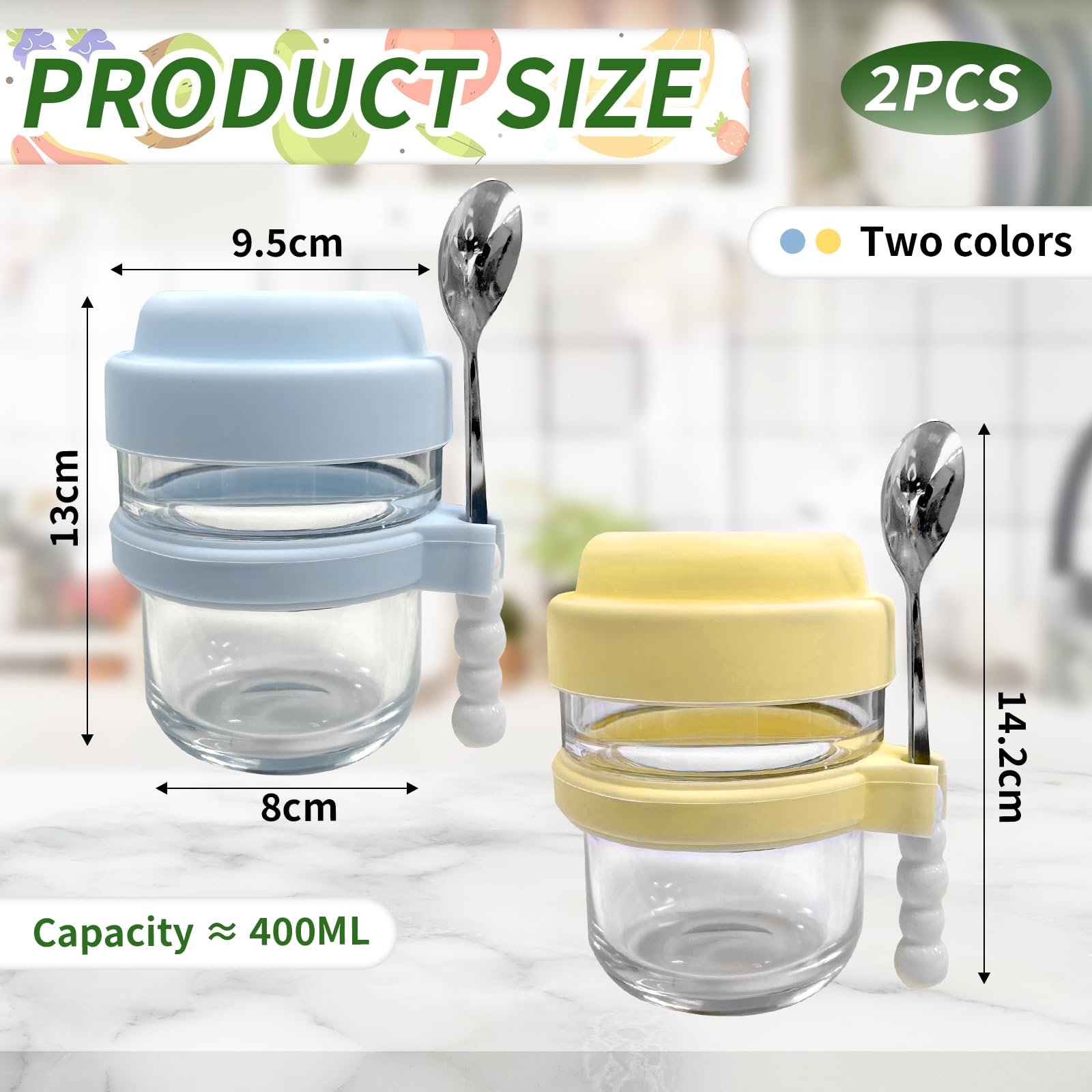 Overnight Oats Jar 2 Pezzi, Contenitori Vetro per Alimenti con Coperchio e Cucchiaio, 440ml Meal Prep Contenitore Vasetti per Yogurt Riutilizzabile, per Avena, Vasetti per Budini, Insalate, Marmellate