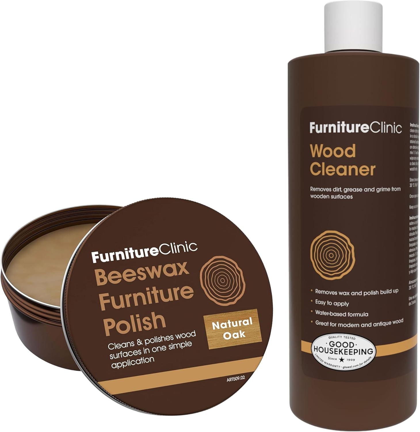 Furniture Clinic Premium Natural Oak Beeswax Polish (6.8oz/200ml) + 17 Fl Oz Wood Cleaner | Condition, Restore, Protect, Waterproof & Clean Wood Furniture | Easily Remove Build Up, Grease and Dust