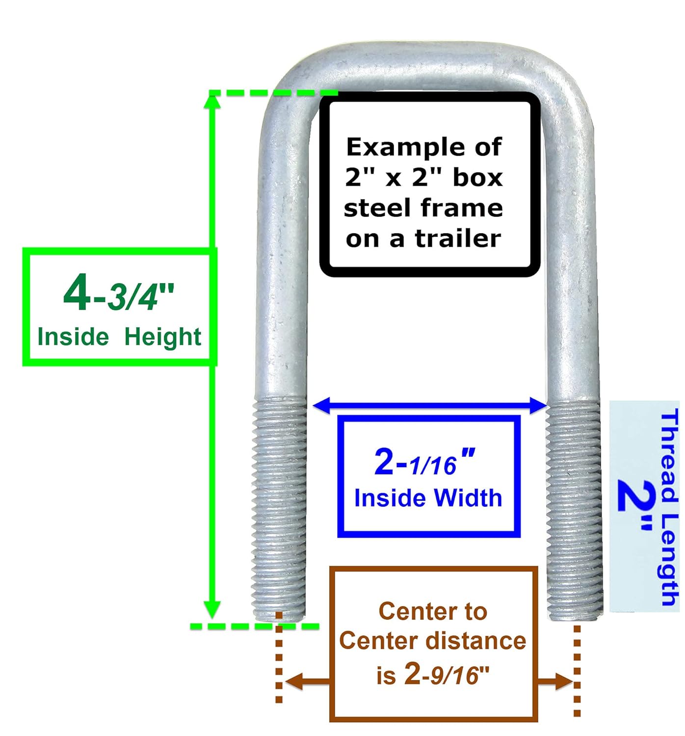 Limited Discount (8) HDG Hot Dipped Galvanized Square U-Bolts Boat Trailer U Bolt 1/2 D x 2 1/16 W x 4 3/4 L