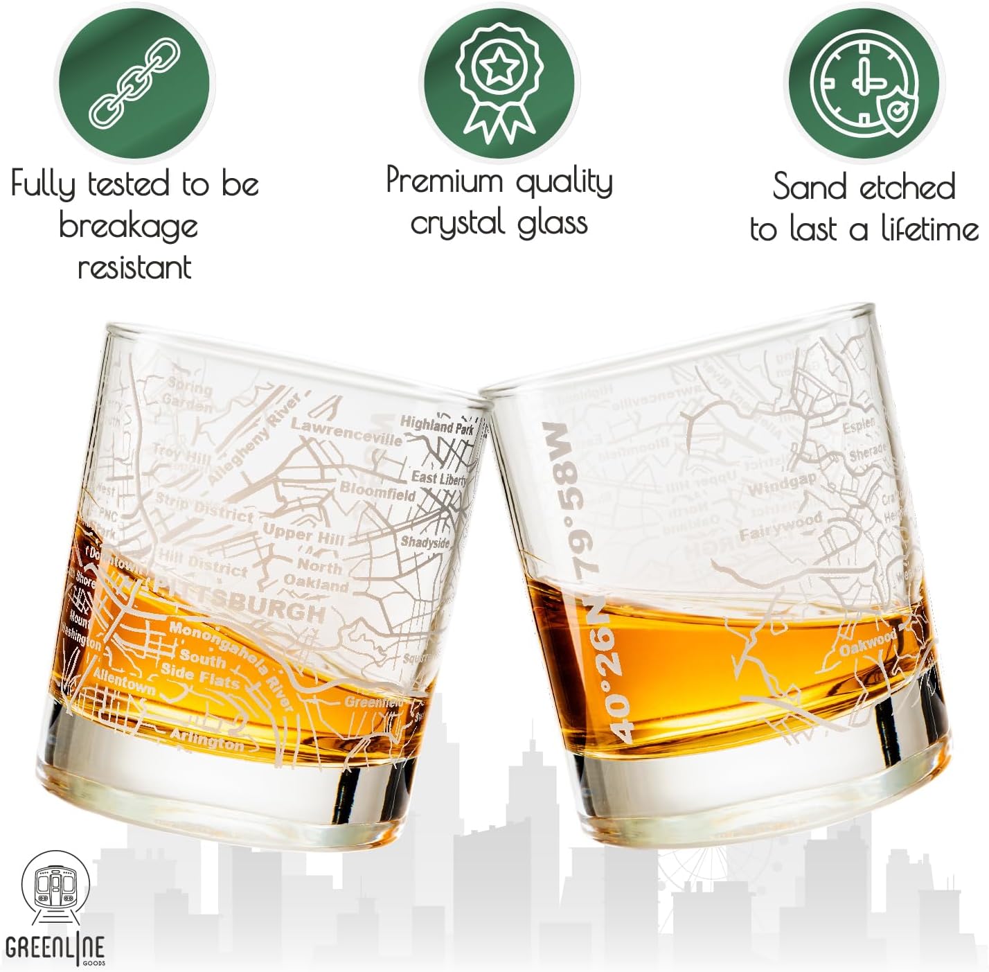 Greenline Goods Whiskey Glasses - 10 Oz Tumbler Gift Set for Pittsburgh lovers, Etched with Pittsburgh Map | Old Fashioned Rocks Glass - Set of 2