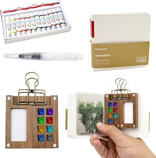 Mini Portable Watercolor Palette Set, zxbaers Wooden Grid Paint Box with Colours, Binder Clips, Watercolor Pens, Pocket Watercolor Set for Painters Students Artists