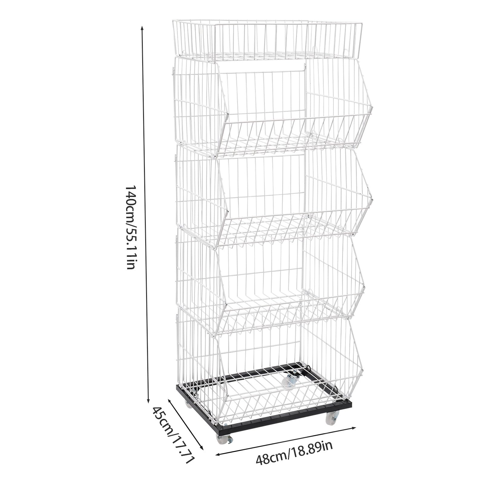 Présentoir à 5 étages en métal sur roulettes, rangement polyvalent pour fruits, légumes, maisons, bureaux, bibliothèques, 48 x 45 x 140 cm, finition blanche, durable et fonctionnel