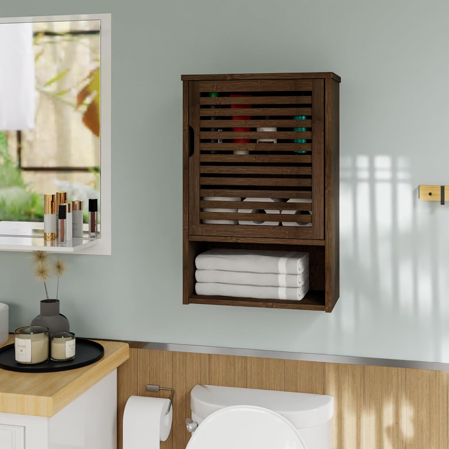 HITNET Bathroom Wall Cabinet and Ladder Shelf, Bamboo Over Toilet Hanging Storage Organizer with Adjustable Shelf, Space Saving Leaning Book Shelf, Walnut