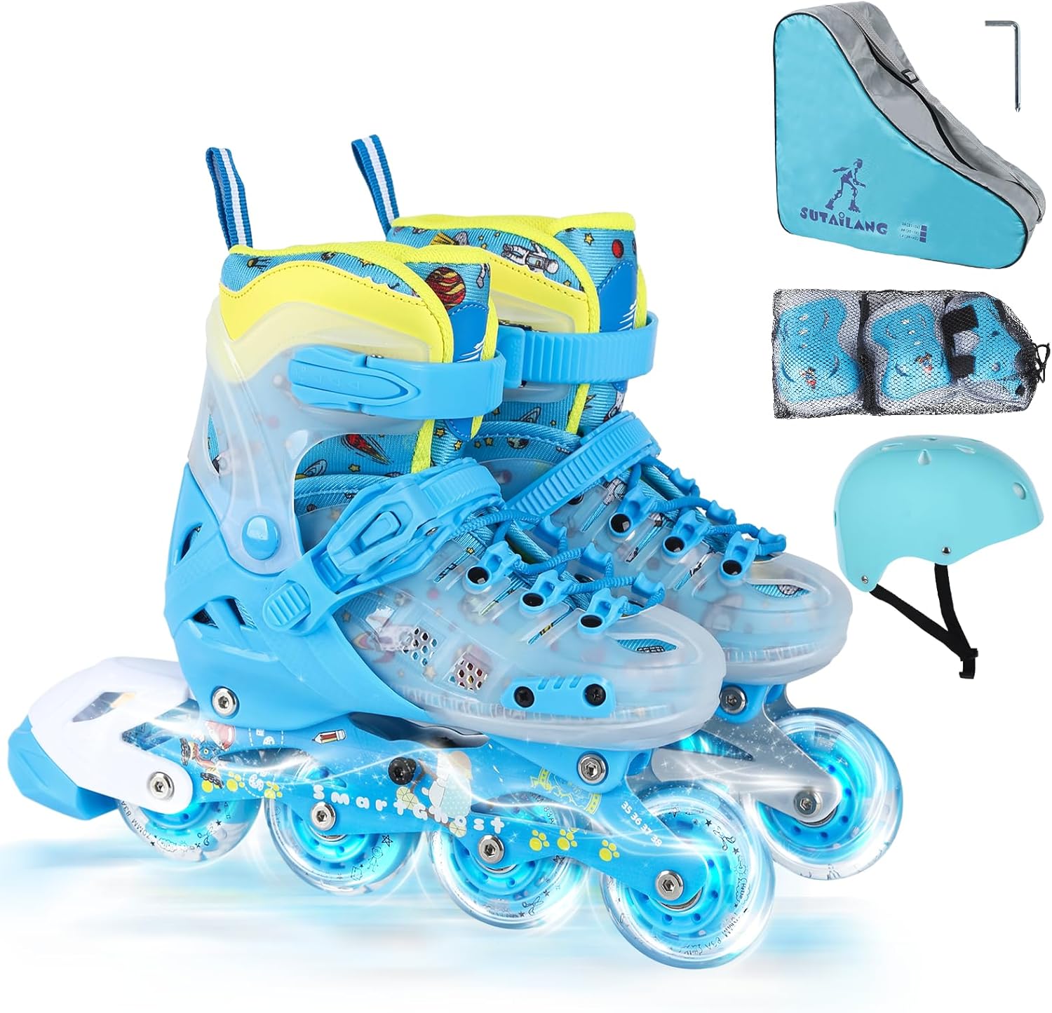 Inline Skates, Adjustable Childrens Inline Skates with Light up Wheels for Girls, Boys, Teens, Beginner | with Protective Gears and Carry Bag