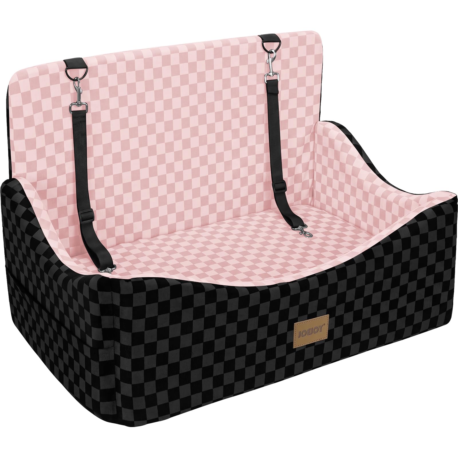 JOEJOY Dog Car Seat for Medium/Large Dogs - Reversible Dual-Sided Travel Dog Car Bed with Memory Foam, Washable Pet Booster Seat for Dogs up to 55 lbs or 2 Small Dogs, 2 Safety Leashes, Pink