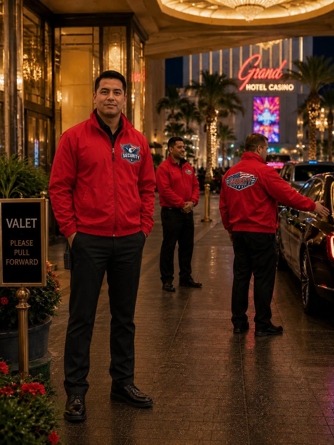 SECURITY zipped up windbreaker with American Flag designs front and back.