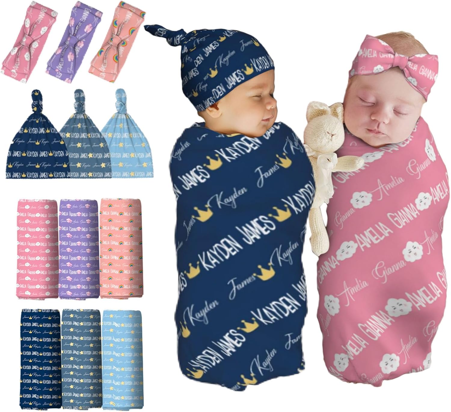WAJL POD Personalized Baby Swaddle and Hat and Bow Headband