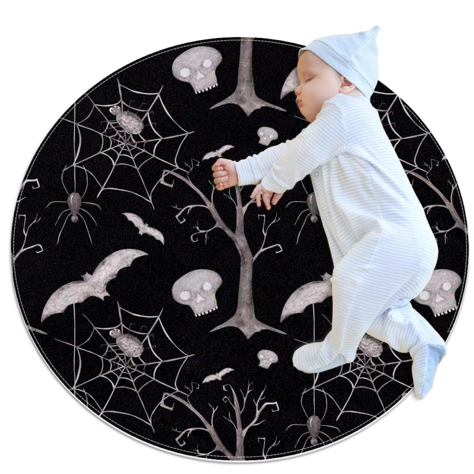 Tapis de salle de bain Halloween rond 1m avec motif arbre mort et crâne, texture douce et stable