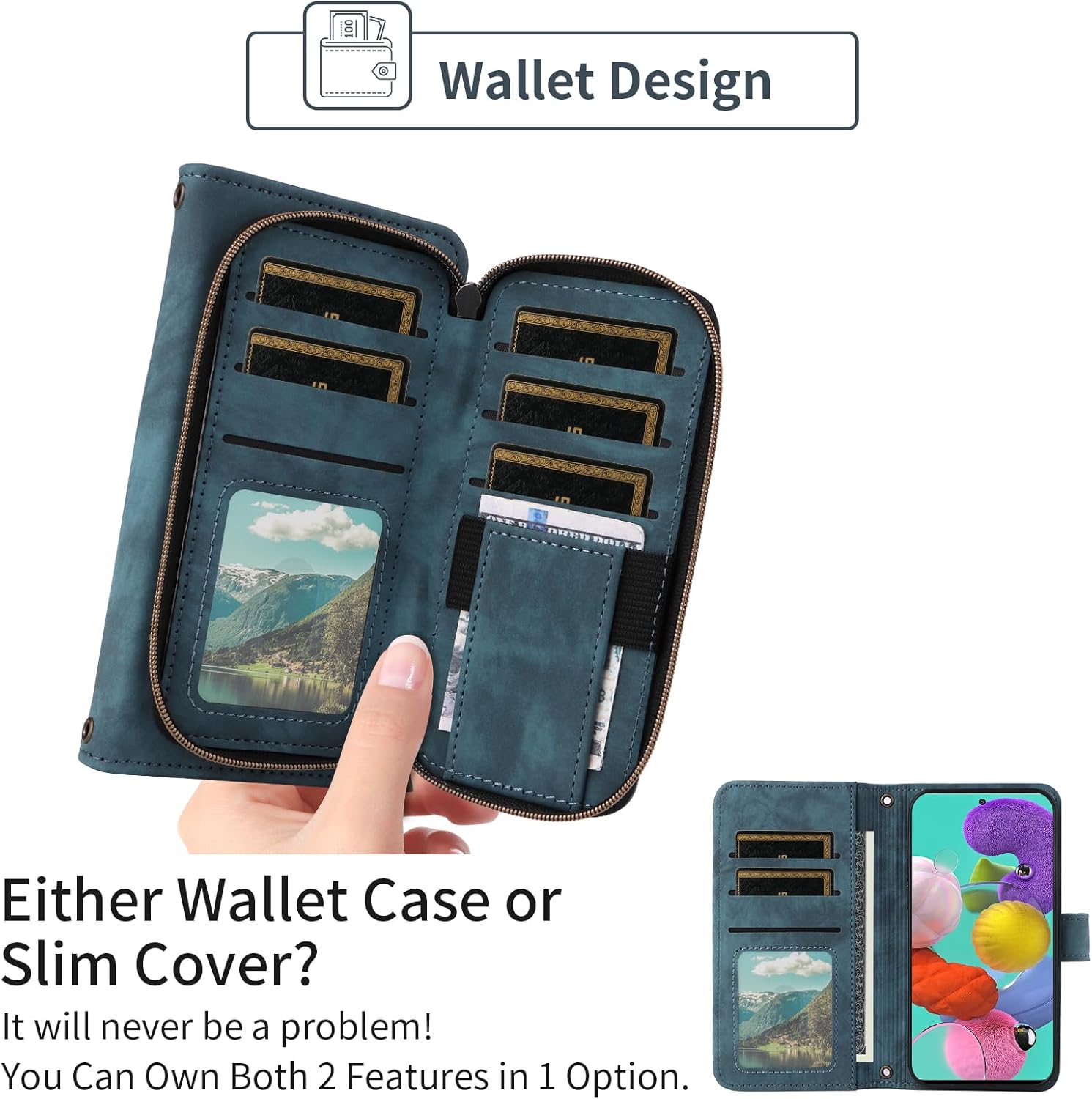 Phone Case for Samsung Galaxy A51 4G Wallet Cell Cover with Tempered Glass Screen Protector Crossbody Lanyard Strap Flip Stand Zipper Purse Card Holder Slot Cash A 51 M40S 51A A515F S51 Women Men Blue