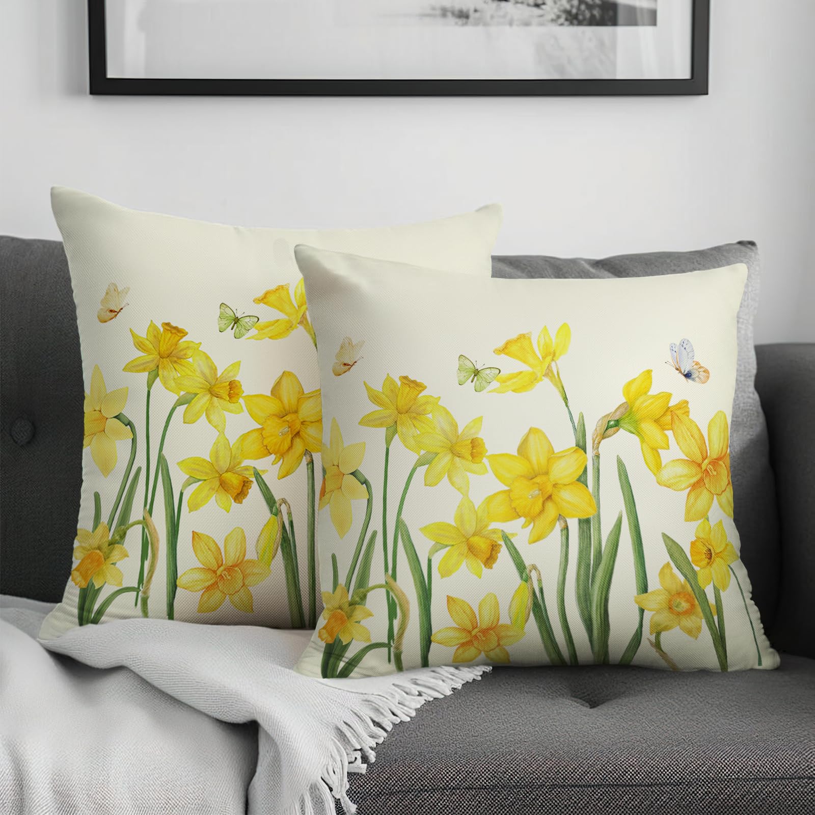 Cryfox Spring Daffodils Flower Pillow Covers 18x18 Set of 2 Summer Yellow Floral Pillow Case Watercolor Decorative Throw Pillows Covers Pillowcase