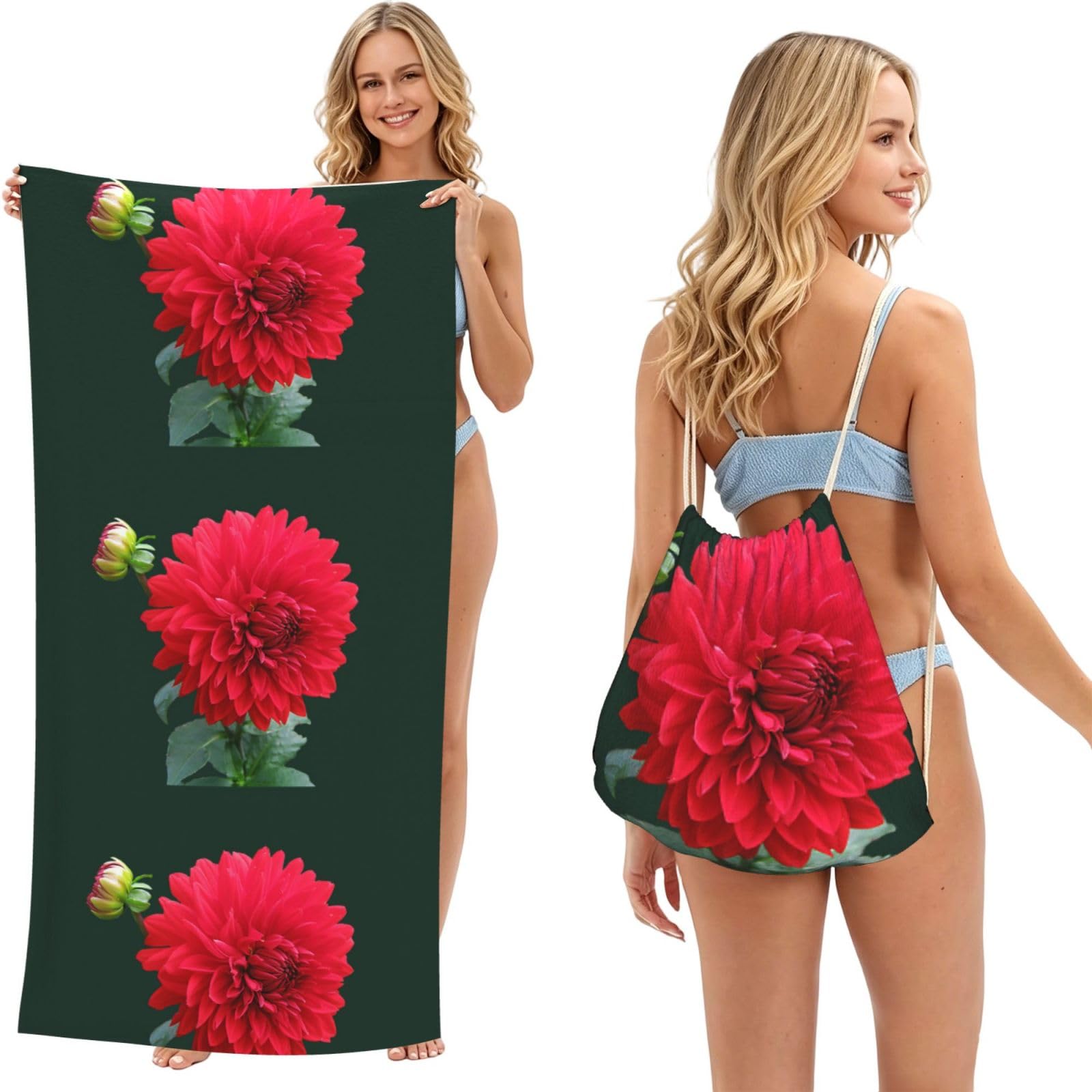 Poadnly As Picture Red Dahlia, 2 In 1 Packable Towel Bag, Beach Towels With Drawstring Backpack For Travel Holiday Camping