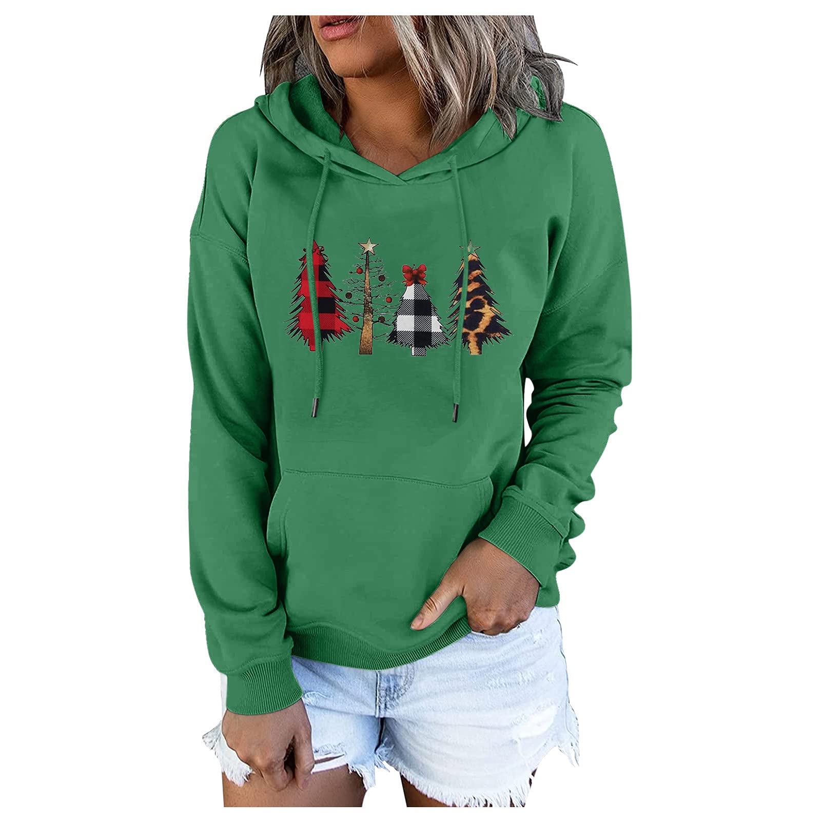Christmas Hoodies for Women Long Sleeve Cute Reindeer Print Casual Loose Pockets Sweatshirts Xmas Gnome Pullover Tops