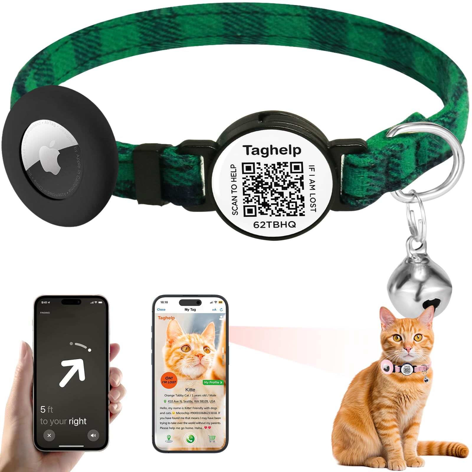 Grid Cloth Breakaway Cat Collar with Smart ID tag with AirTag Holder and Bell, Light, Adjustable,AirTag, Integrated Air Tag Cat Collar for