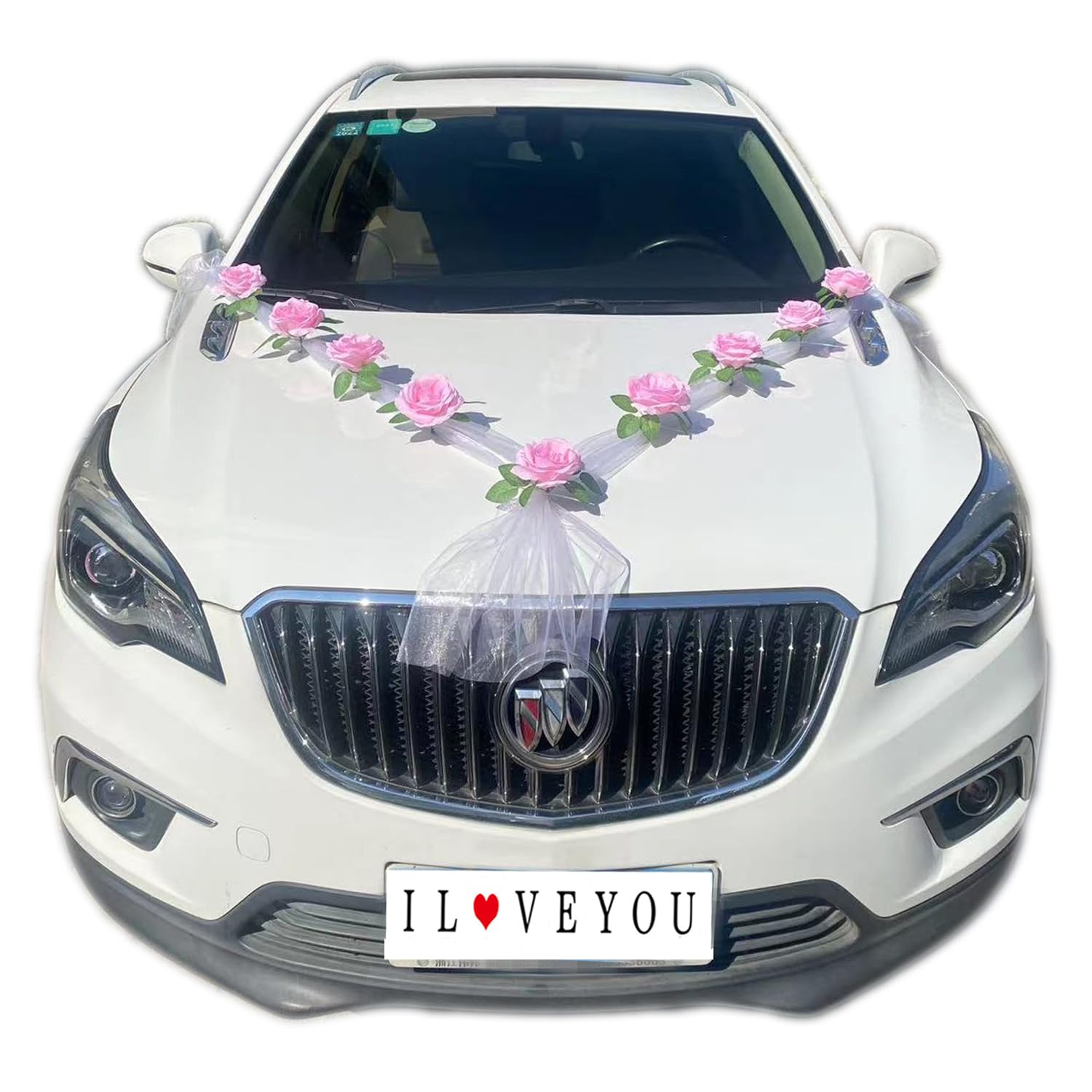 Juego de decoración de coche para boda, color rosa, guirnalda de bodas para coche, decoración de flores, decoración de coches, bodas, manualidades, gasa blanca y rosas rosadas, juego de decoración