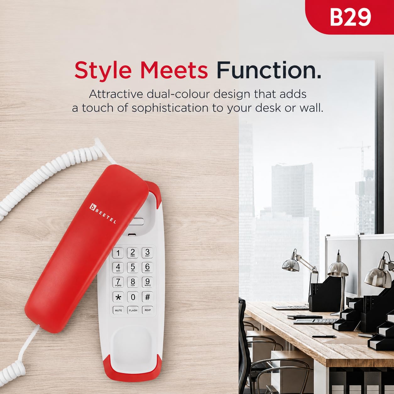 Beetel B29 Designer Slim and Stylish Corded Landline Phone,Ringer Volume Control,Wall/Desk Mountable,Clear Call Quality,Compact Design,Tone Pulse/Flash/Redial Function (Made in India) (Red White)(B29) — Amazon image 3