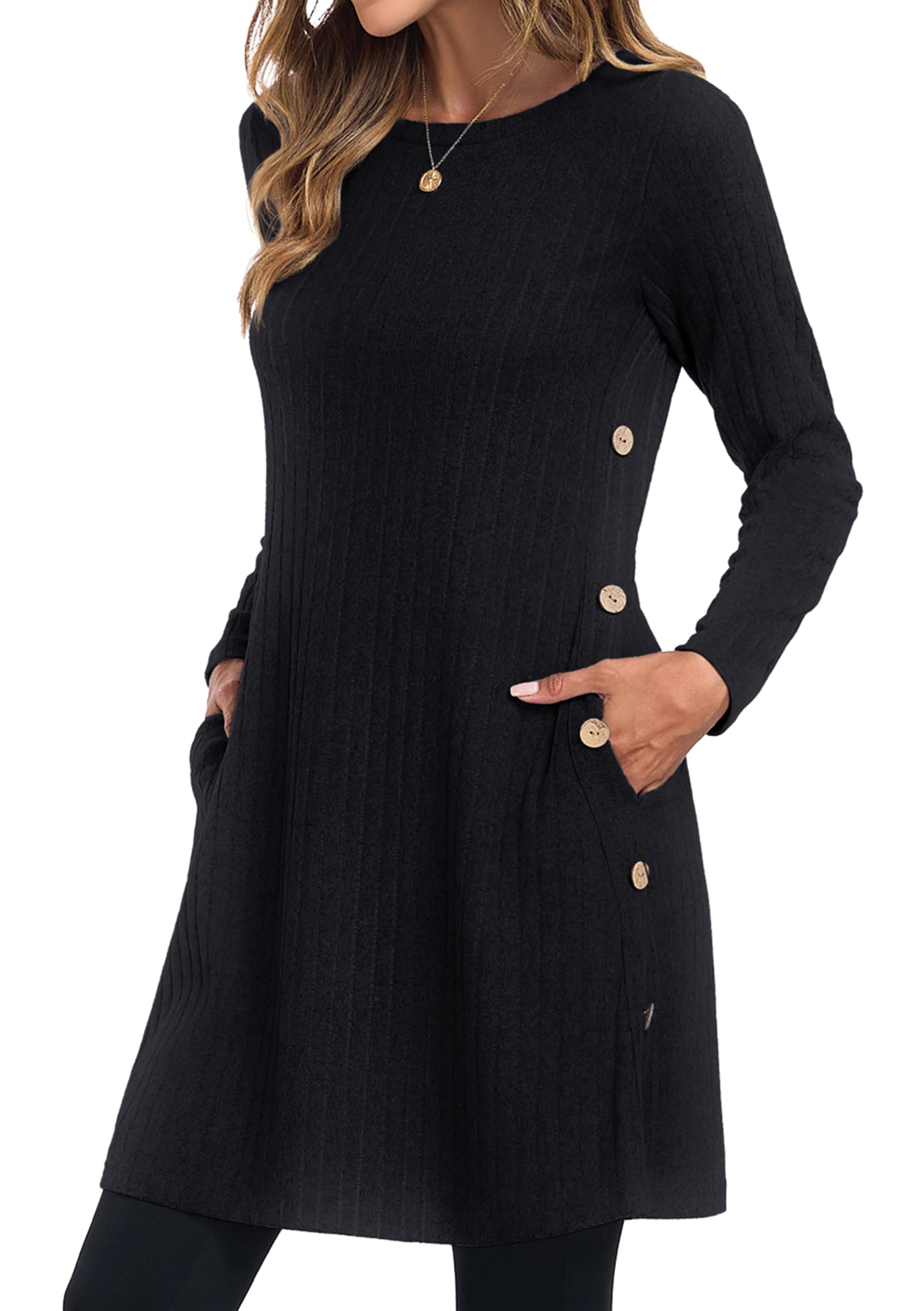 Womens Winter Jumper Dresses for Women UK Ladies Dresses Tunic Knitted Long Sleeve with Pockets Side Buttons Dress