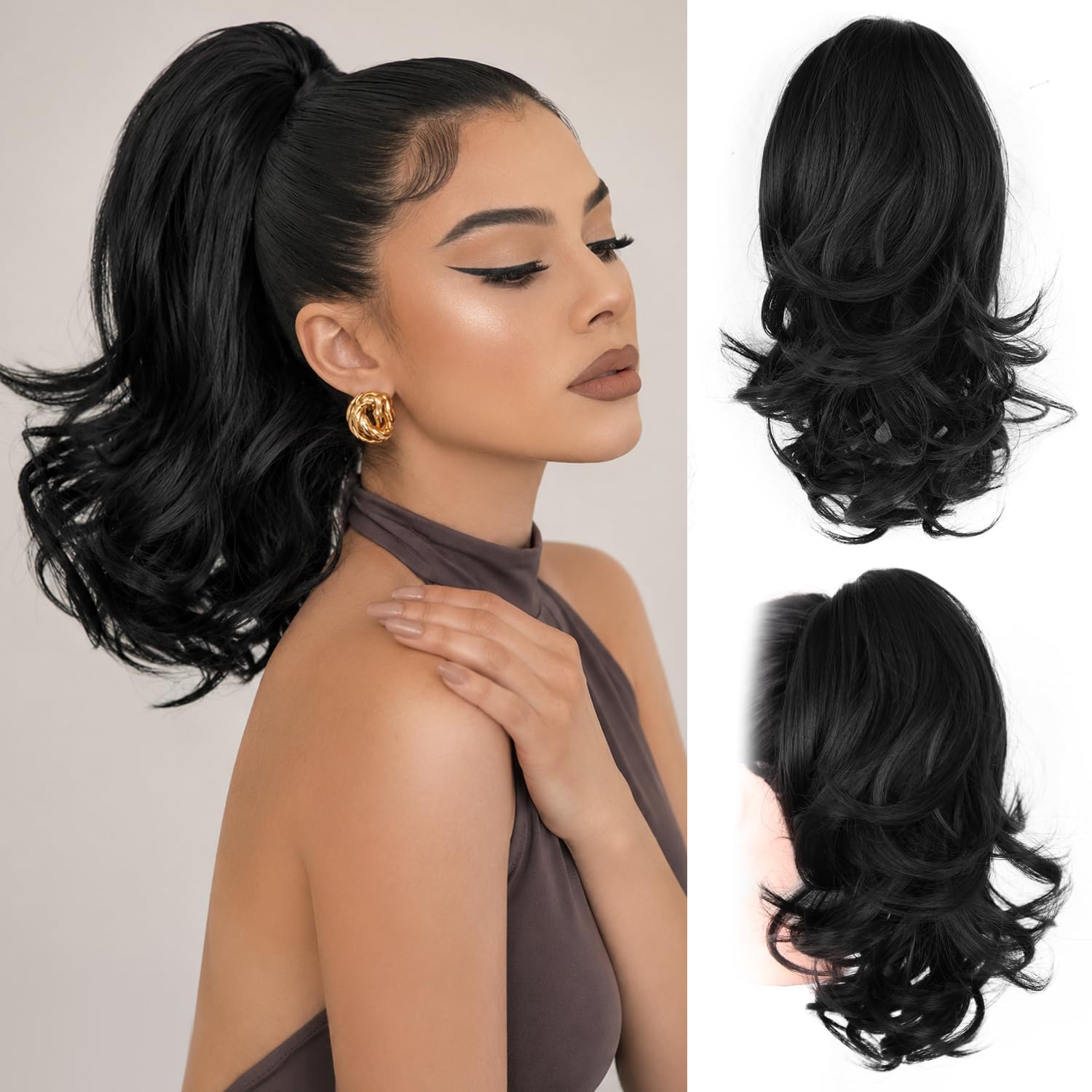 Photo 1 of 14 Inch Black Ponytail Extension - Soft Wavy Pony Tails Hair Extensions, Claw Clip Ponytail Extension, Natural Short Hair Extensions Ponytail, Synthetic Hair Pieces for Women (Color: Black)