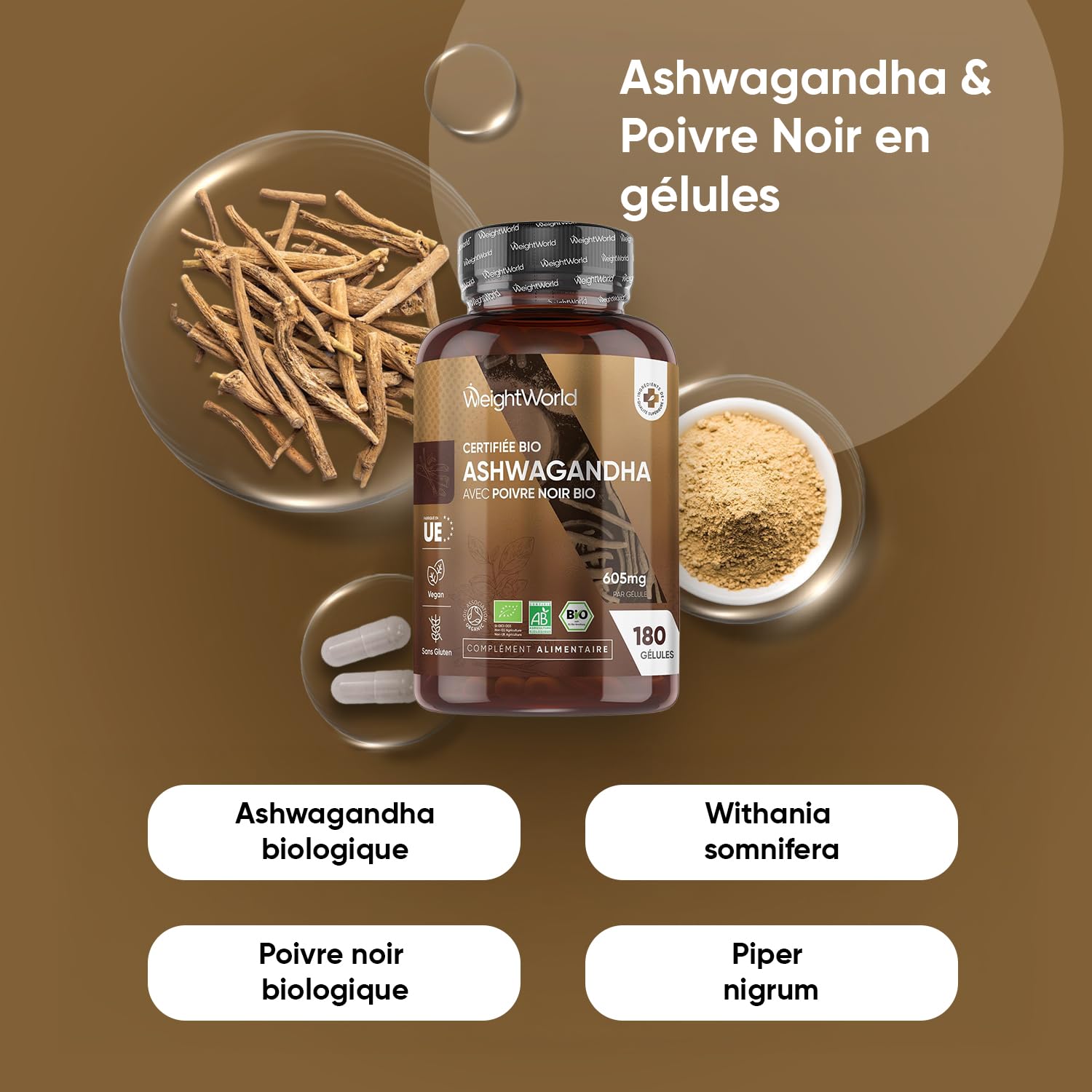 Ashwagandha Bio Gélules - Ginkgo Biloba Ginseng Sibérien Micro-Comprimés