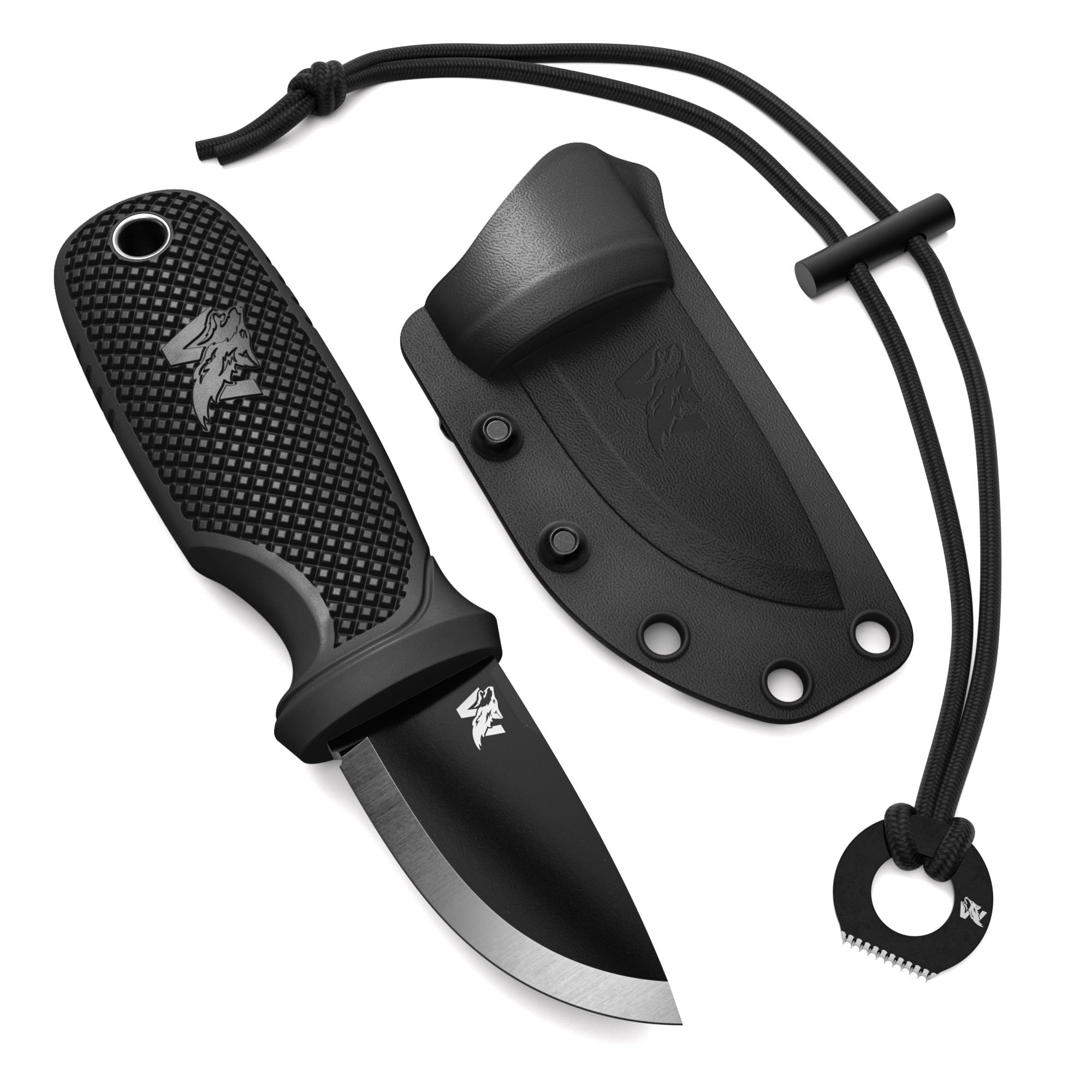 ODENWOLF W-MINI 2 Neck Knife aus D2 Stahl - Kleines EDC Messer Feststehend mit Holster und Feuerstahl - Outdoor Messer Klein und Handlich - Halskette