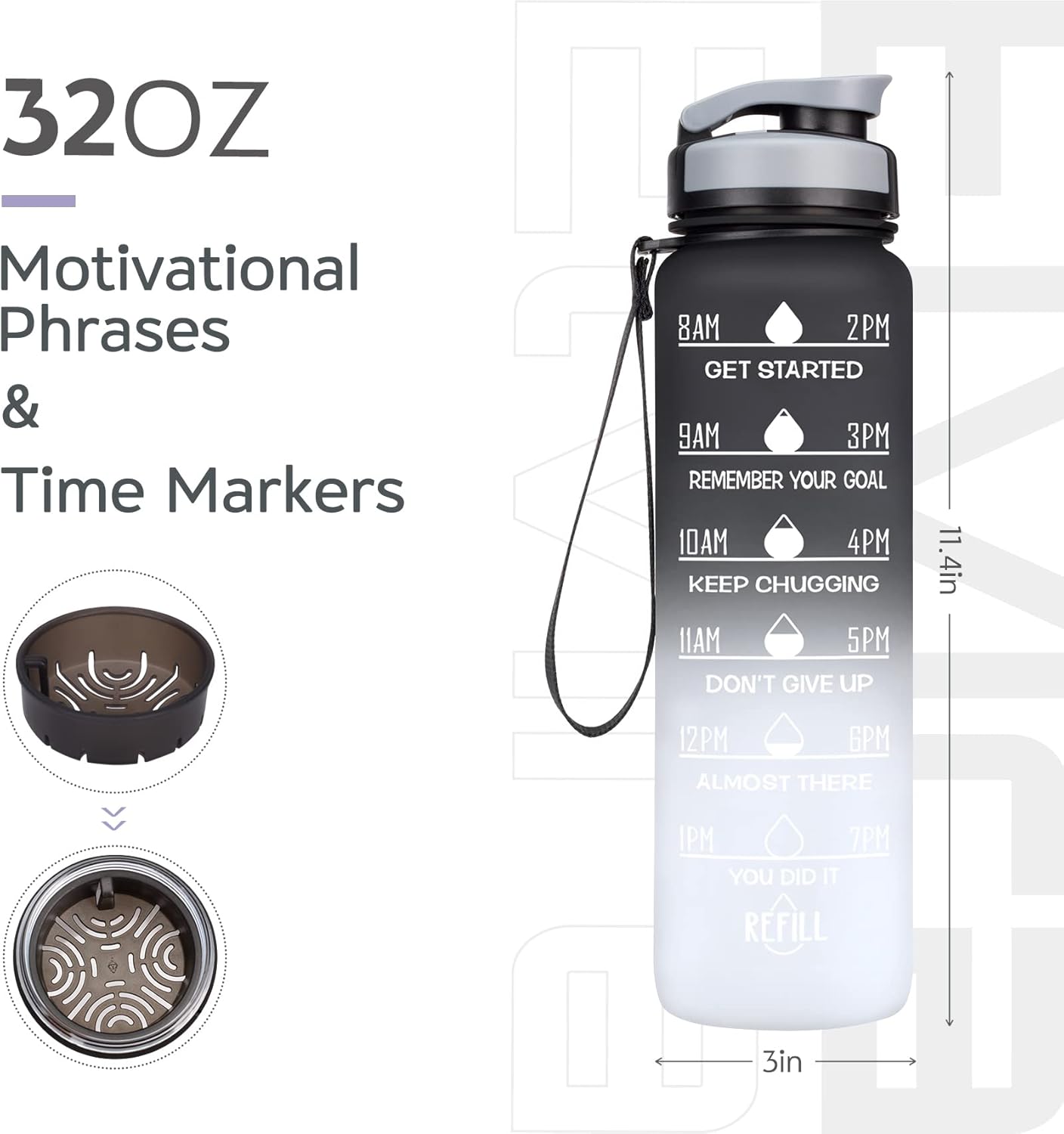 Elvira 32oz Large Water Bottle with Motivational Time Marker & Removable Strainer,Fast Flow BPA Free Non-Toxic for Fitness, Gym and Outdoor Sports-Black Gradient : Sports & Outdoors