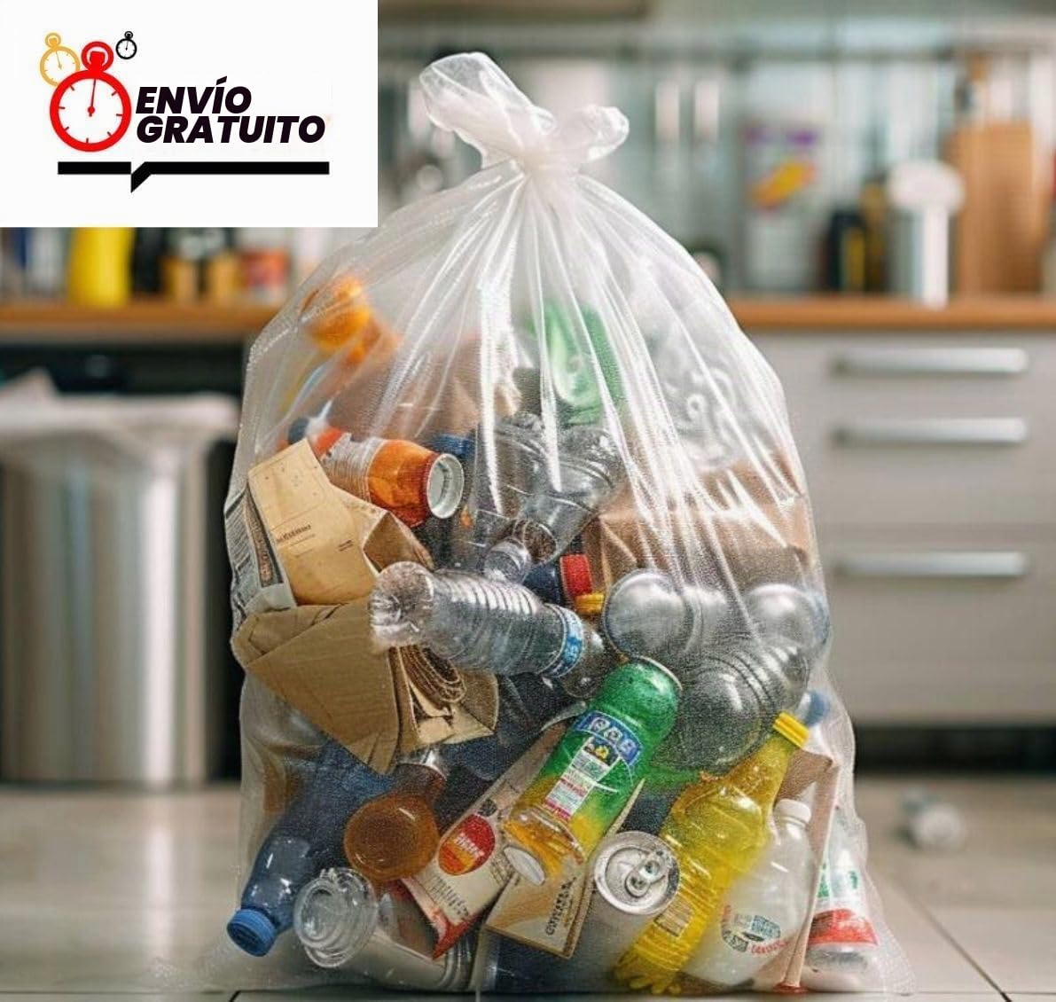 Bolsa de basura transparente 100 litros x 100 | Caja de 100 bolsas | Muy resistente (30µ) | Clasificación selectiva | Residuos Plásticos | Oficinas - Industrias - Comercios - Comunes