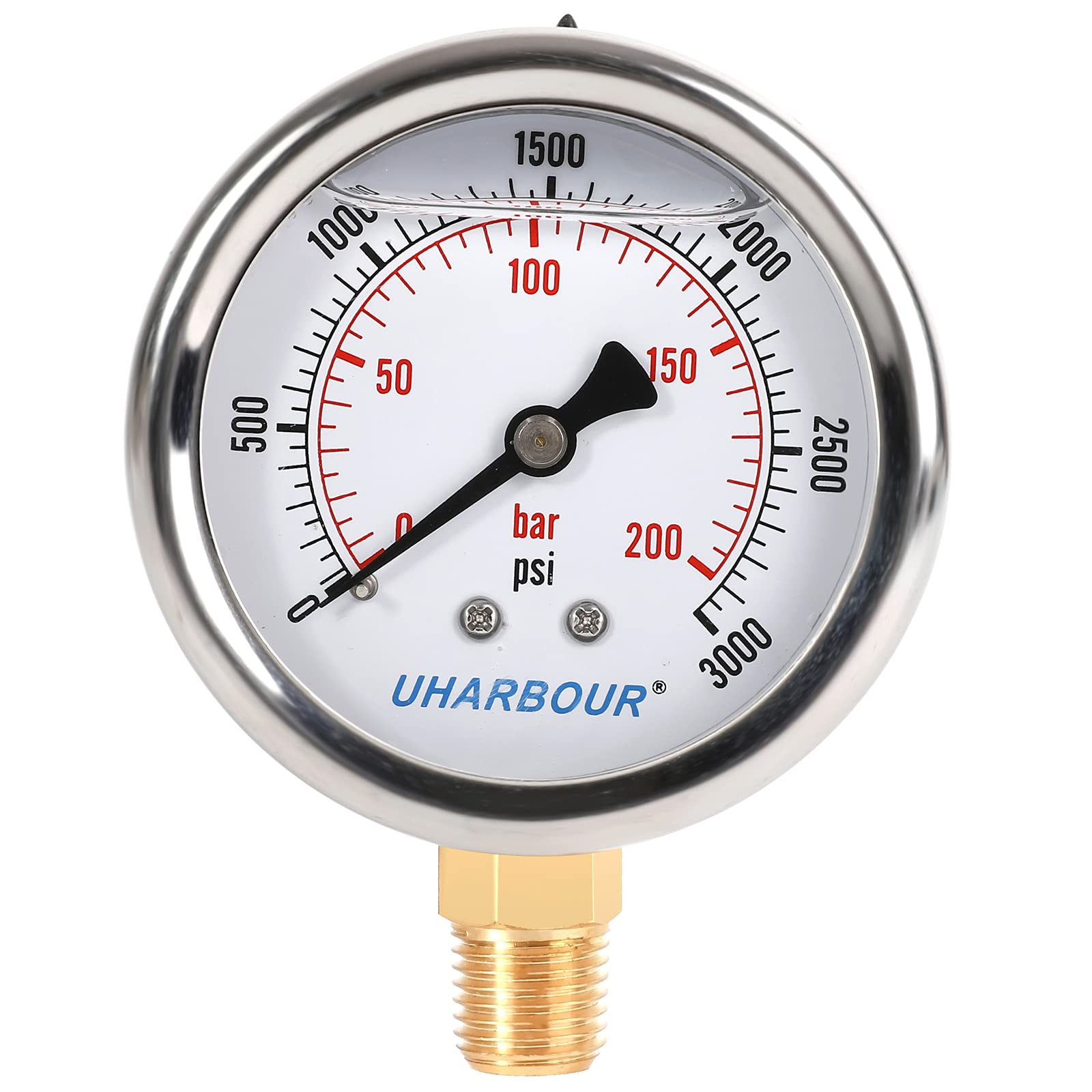 UHARBOUR Glycerin Filled Pressure Gauge 3000psi/200bar, Stainless Steel case, Brass Inside Construction, 2-1/2" dial, 1/4" NPT Rear Connection.