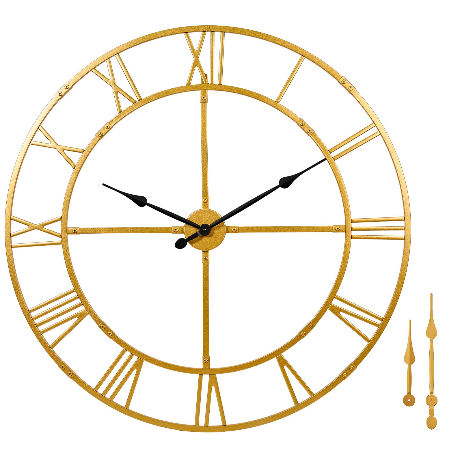 Large Wall Clock for Living Room Decor – 48 inch Knocked-Down (KD) Silent Non-Ticking Modern Farmhouse Wall Clock, Oversized Decorative Metal Roman Numeral Clock, Gold