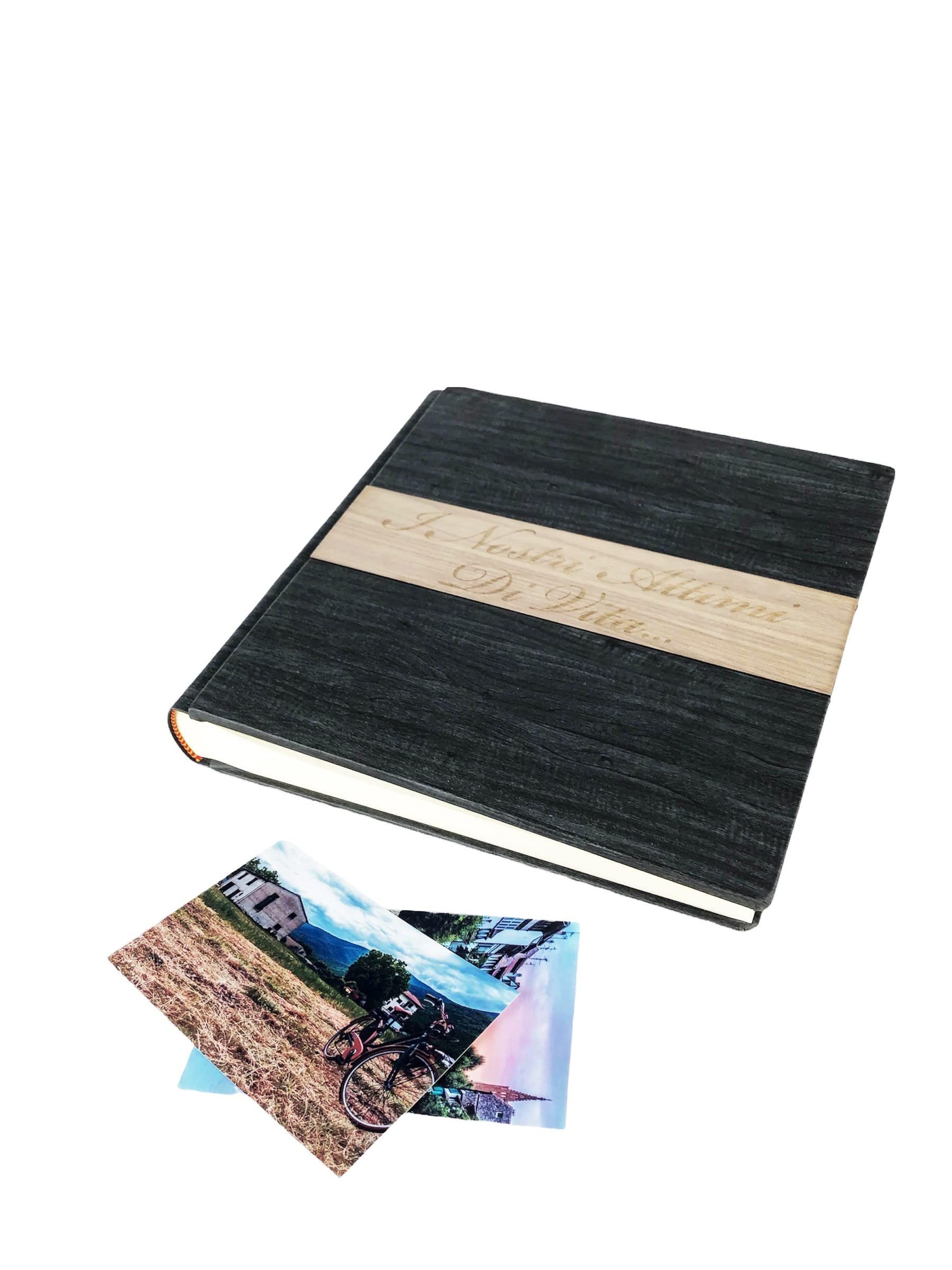 TriVin Art, Álbum de Fotos en Polipiel, con Aplicación de Madera Personalizable con Grabado. Ideal para Bautismo, Boda, Comunión y foto recuerdo.