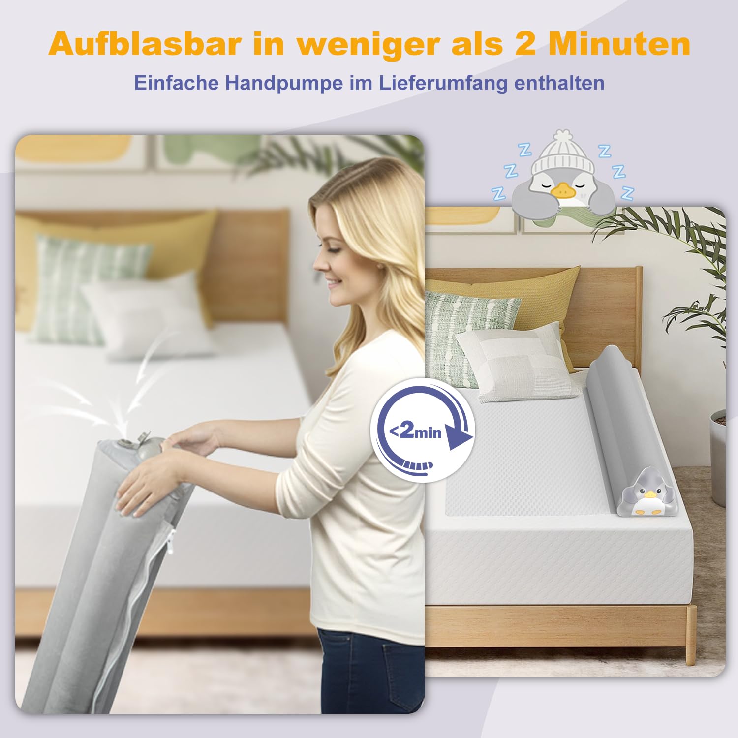 Rausfallschutz Aufblasbar Bett Reise: 2er Set Aufblasbarer Rausfallschutz für Kinder mit INTEGRIERTER Pumpe & Anti-RUTSCH-Matte - 130cm Bettschutzgitter für Boxspringbett Kinderbett