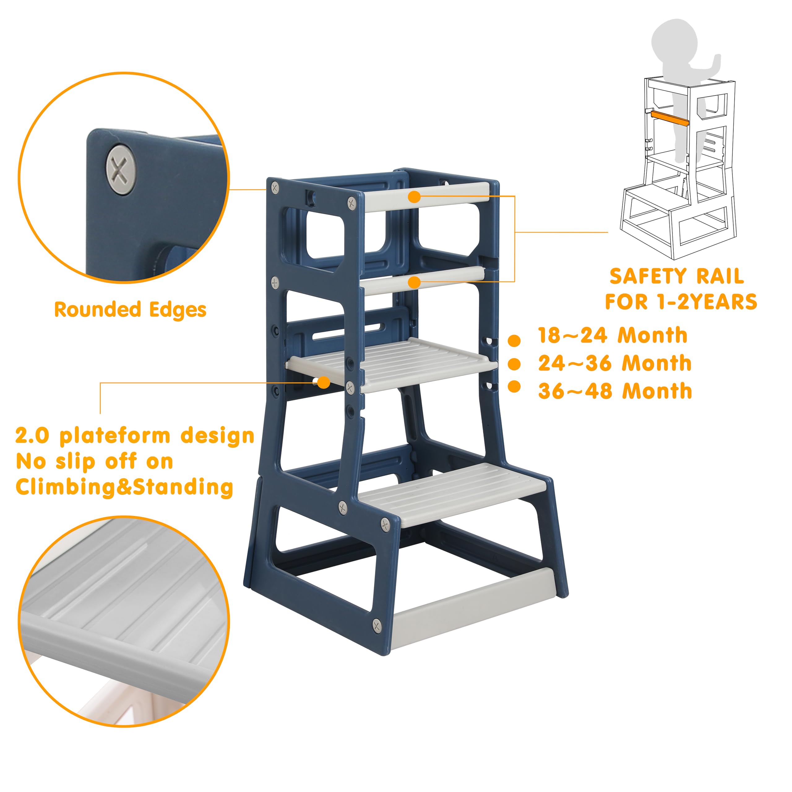 SDADI Mother's Helper Adjustable Height Plastic Kitchen Step Stool for Children, Kids Toddlers Counter Level Learning Stool for Kitchen & Bathroom,Blue and Light Grey