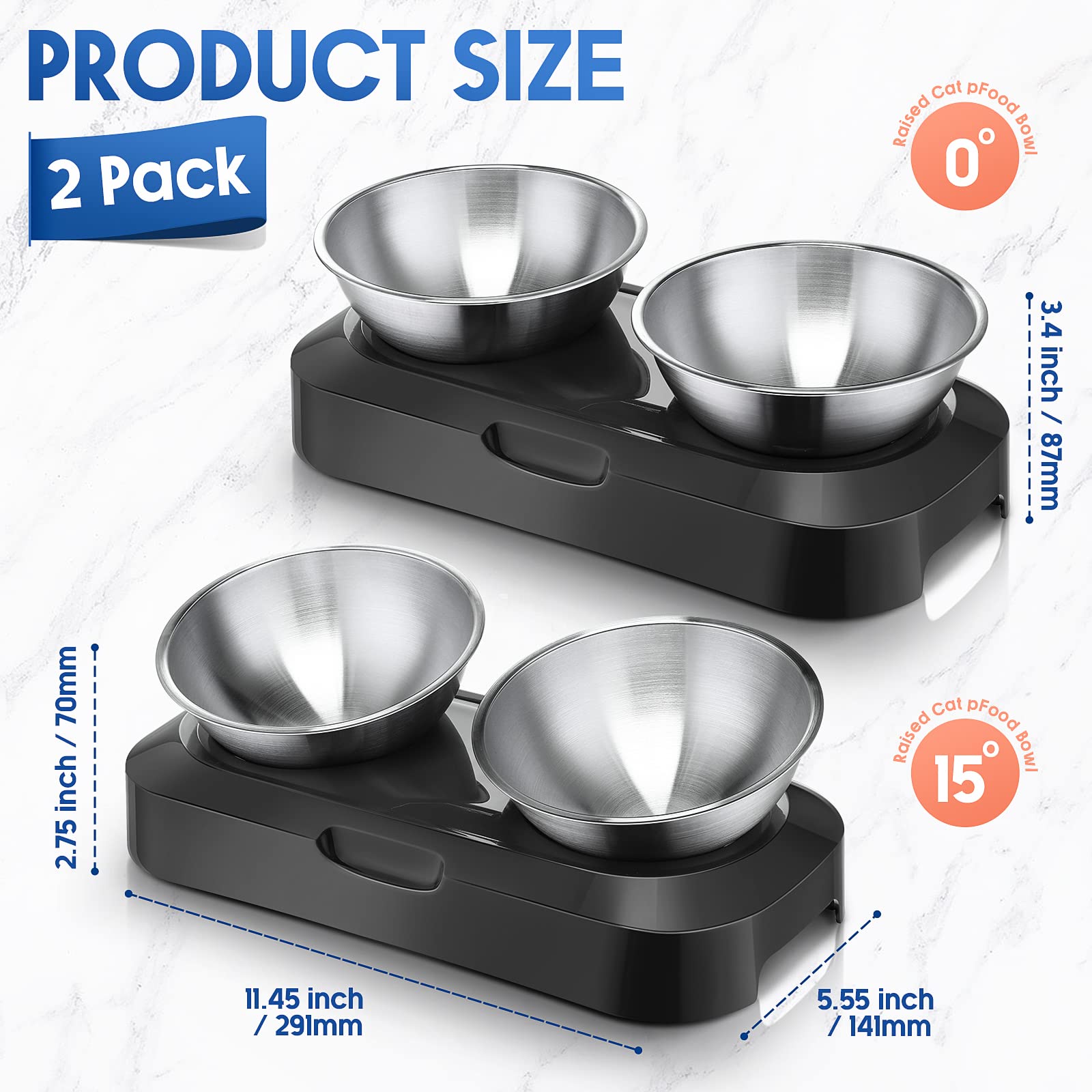 2 Pack Elevated Tilted Cat Bowls Stainless Steel Raised Cat Food and Water Bowl Set 0 and 15Â