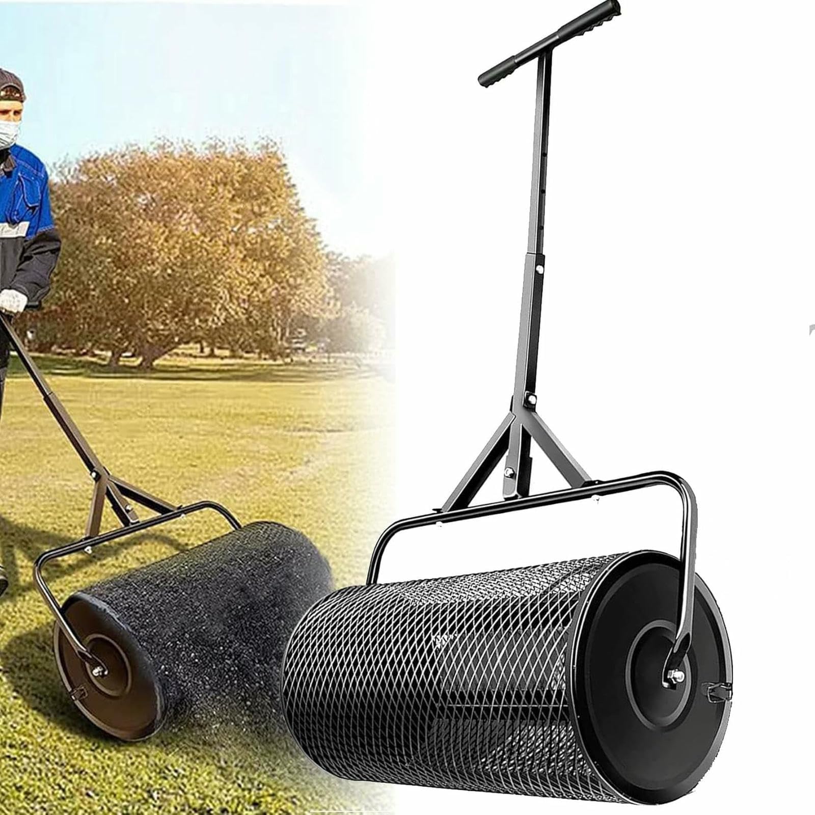 Esparcidor de abono de jardín de alto rendimiento, mango ajustable, aireador de malla de metal para una distribución uniforme del suelo, ideal para uso en césped y jardín