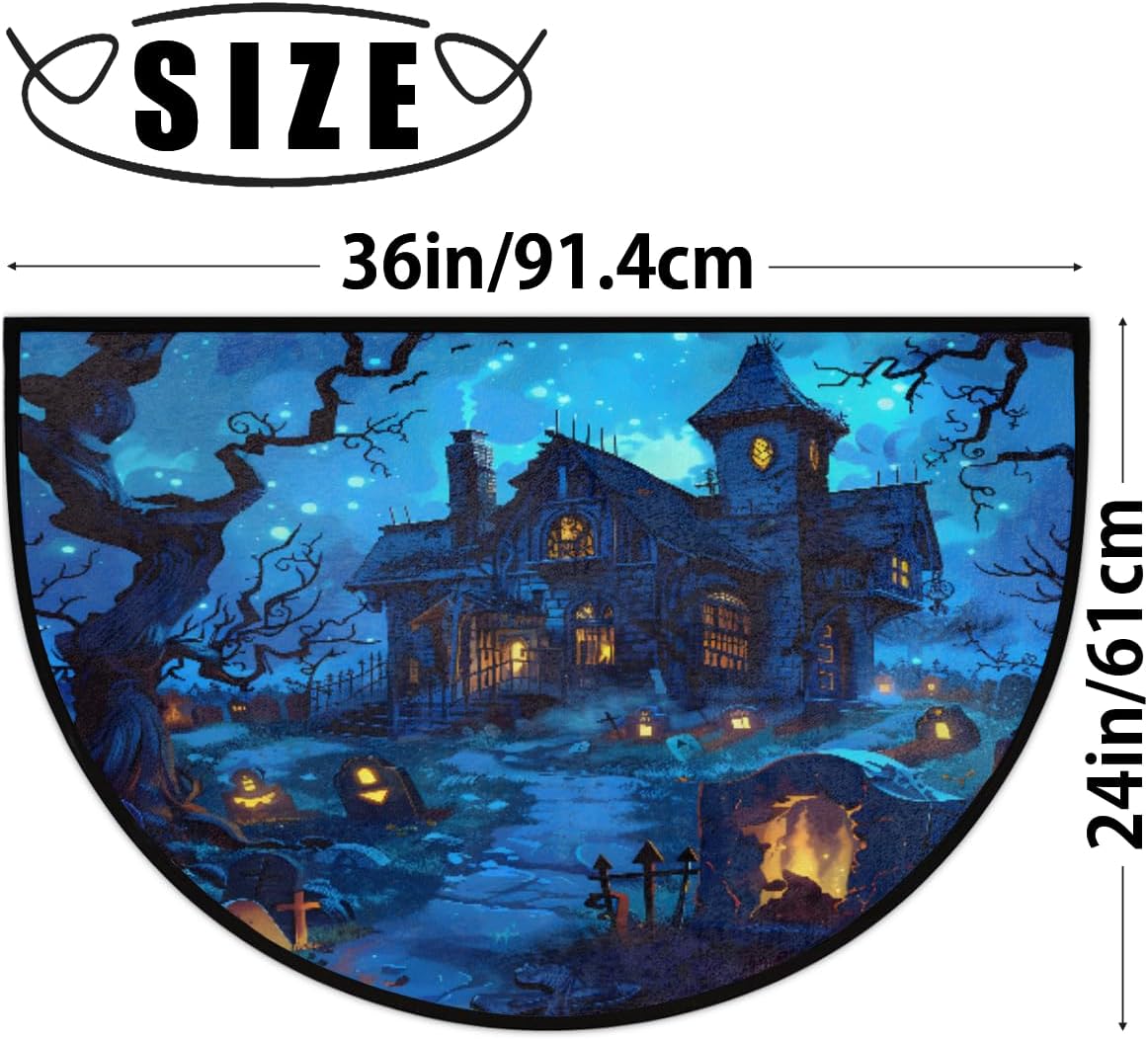 Half Round Door Mat Indoor Entrance Washable Half Circle Area Rugs Non Slip Half Moon Rug Semi Circle Bathroom Rugs Floor Carpet for Kitchen Bedroom Fireplace Blue Castle Halloween Decor