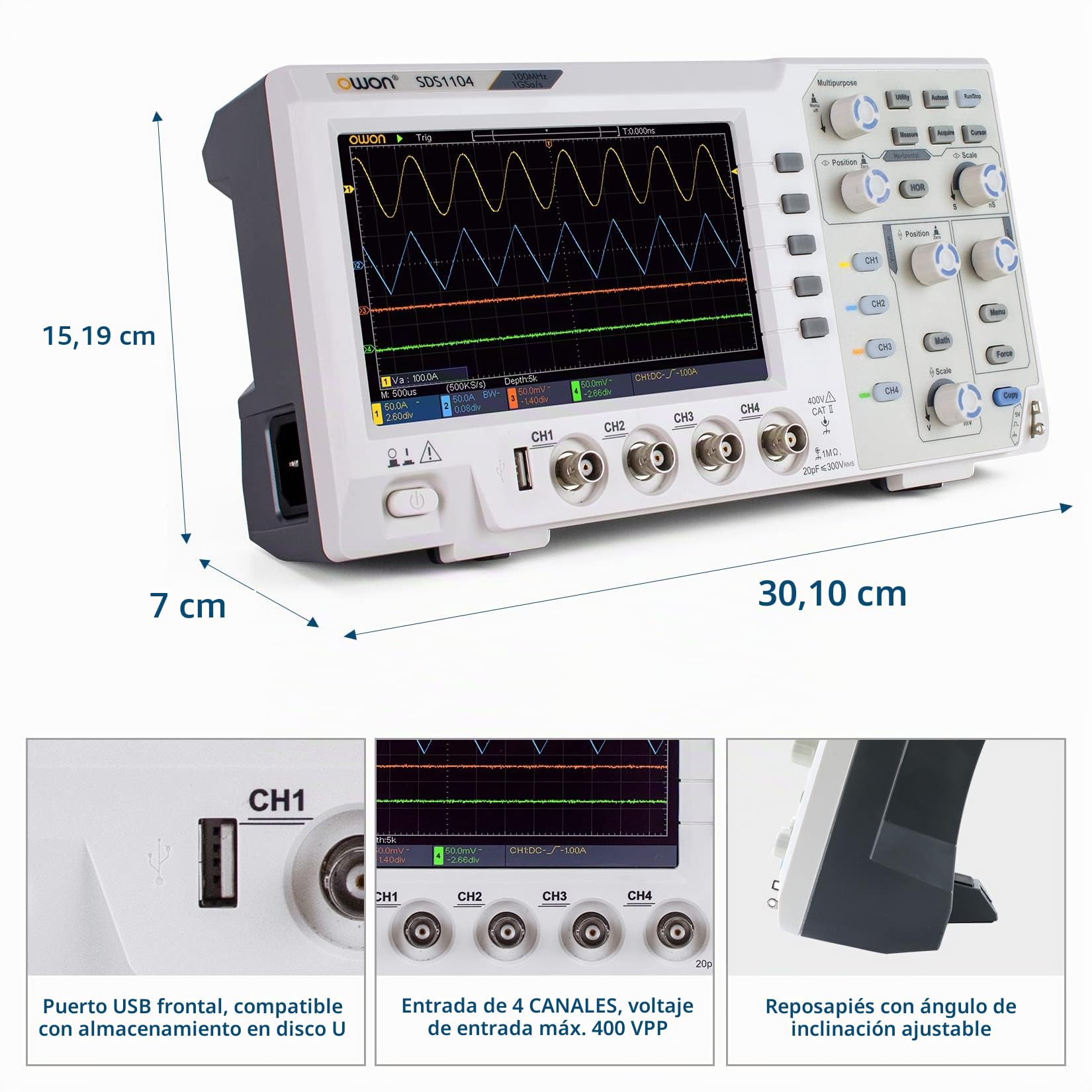 OWON Osciloscopio digital SDS1104 de 100 MHz, decodificador estándar de 1GS/s de 4 canales, osciloscopio de almacenamiento digital LCD de 7 pulgadas compatible con SCPI, y LabVIEW