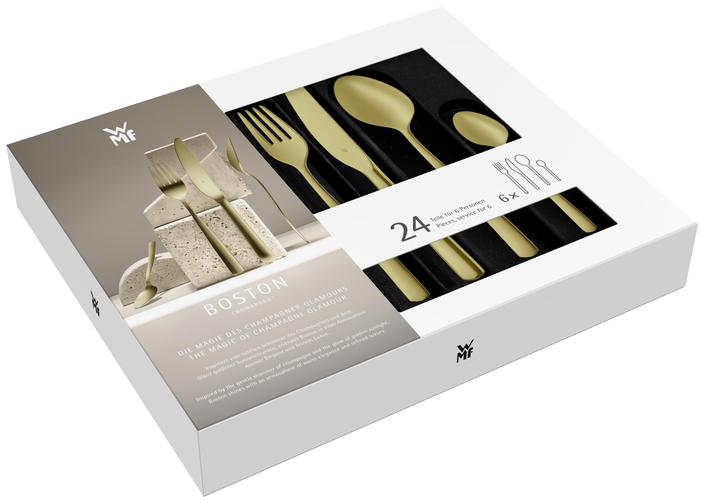 WMF Boston Gold Besteckset, 24-teilig, 6 Speisen, Cromargan-Edelstahl, poliert, spülmaschinengeeignet