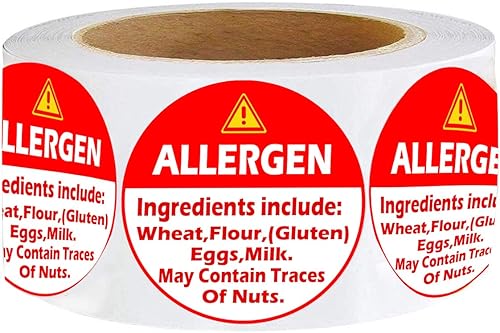 Etiquetas adhesivas de advertencia de alérgenos rojos, calcomanías de alergia de 1.5 pulgadas para pasteles, tiendas de comestibles, restaurantes,