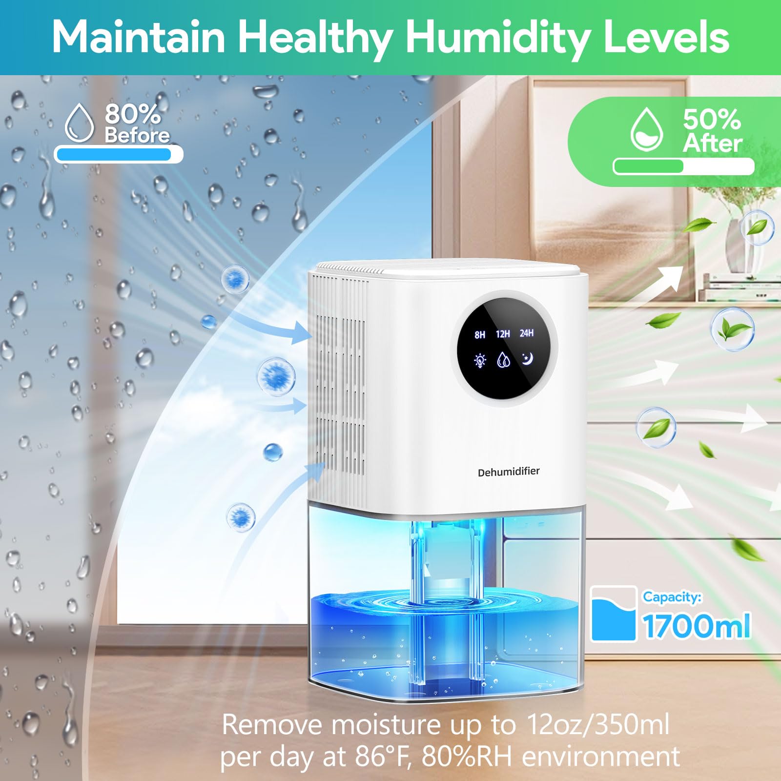 Deumidificatore Casa Anti Muffa, PKBOSS 1700ML Portatile Mini Deumidificatori Silenzioso Elettrico con Luce LED a 7 colori/Timer/Spegnimento Automatico per la Bagno/Ambiente/Cantina/Camera-Bianco