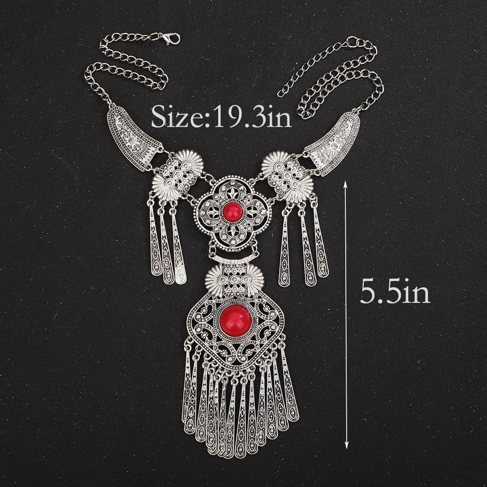 Wiwpar Vintage Bohemian Ethnic Tribal Necklace Boho Statement Turquoise Collar Necklace Chunky Tassel Long Chain Pendant for Women Girls Bib Necklace Jewelry Gift