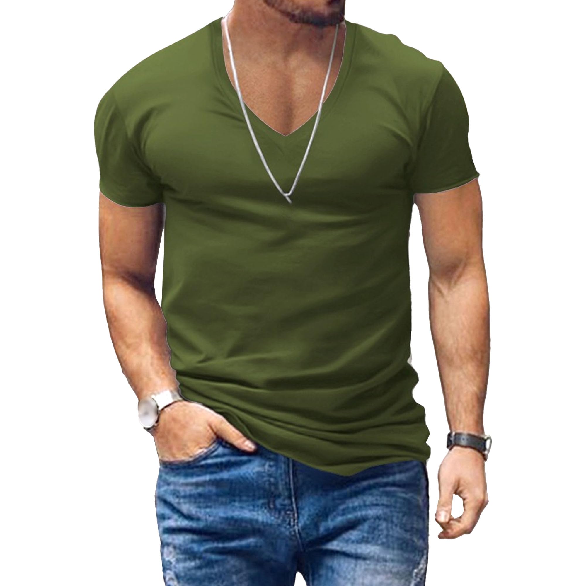 Men V-Neck Solid Casual Short-Sleeved T-Shirt Classic Comfortable Sport Training Shirt Summer Thin Exercise Tops (Navy Green,Small)