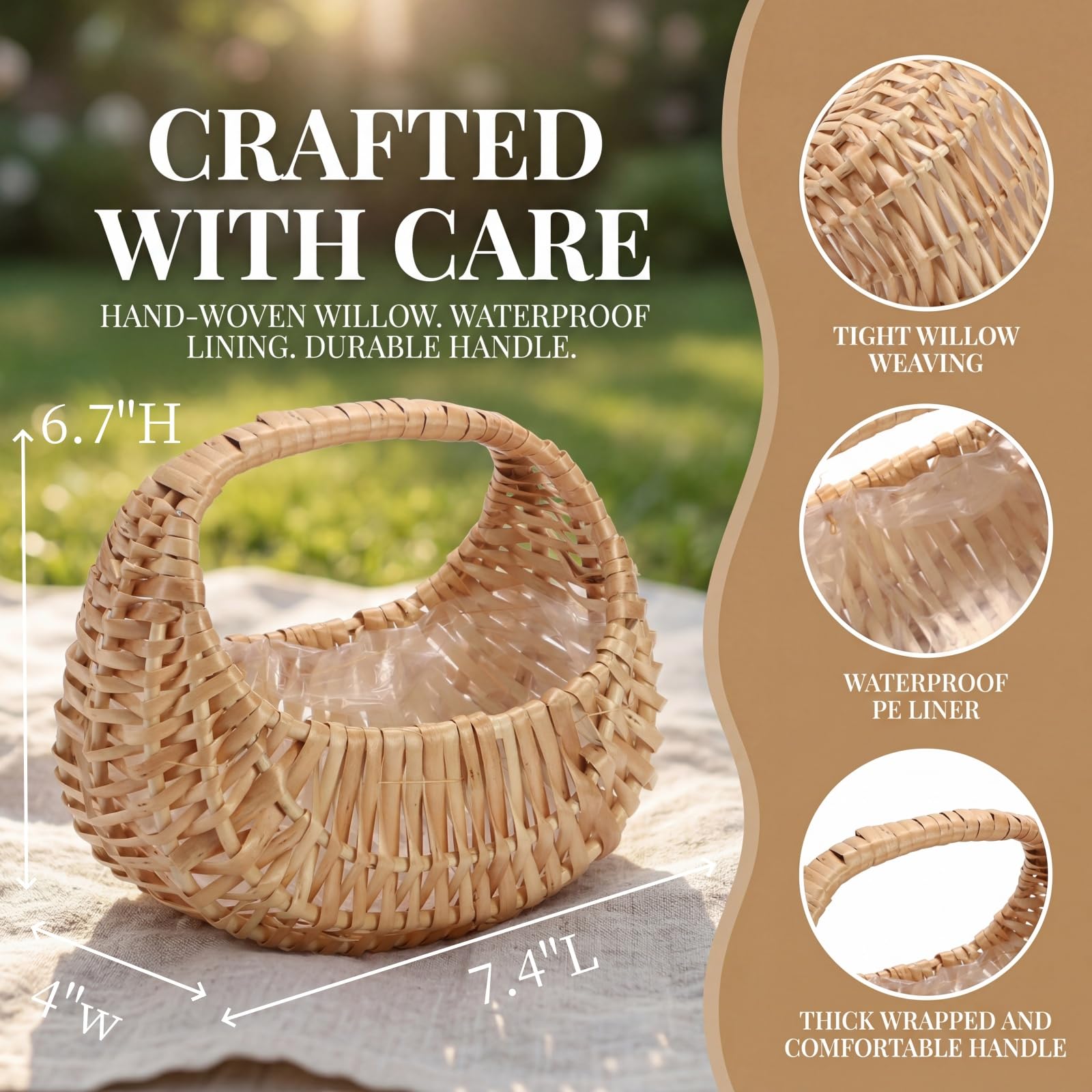 Lyellfe Paquete de 2 cestas de mimbre pequeñas con asa, cesta tejida con forro de plástico, cesta decorativa para huevos, cesta de mimbre de sauce para bodas, regalos, camping, decoración del hogar