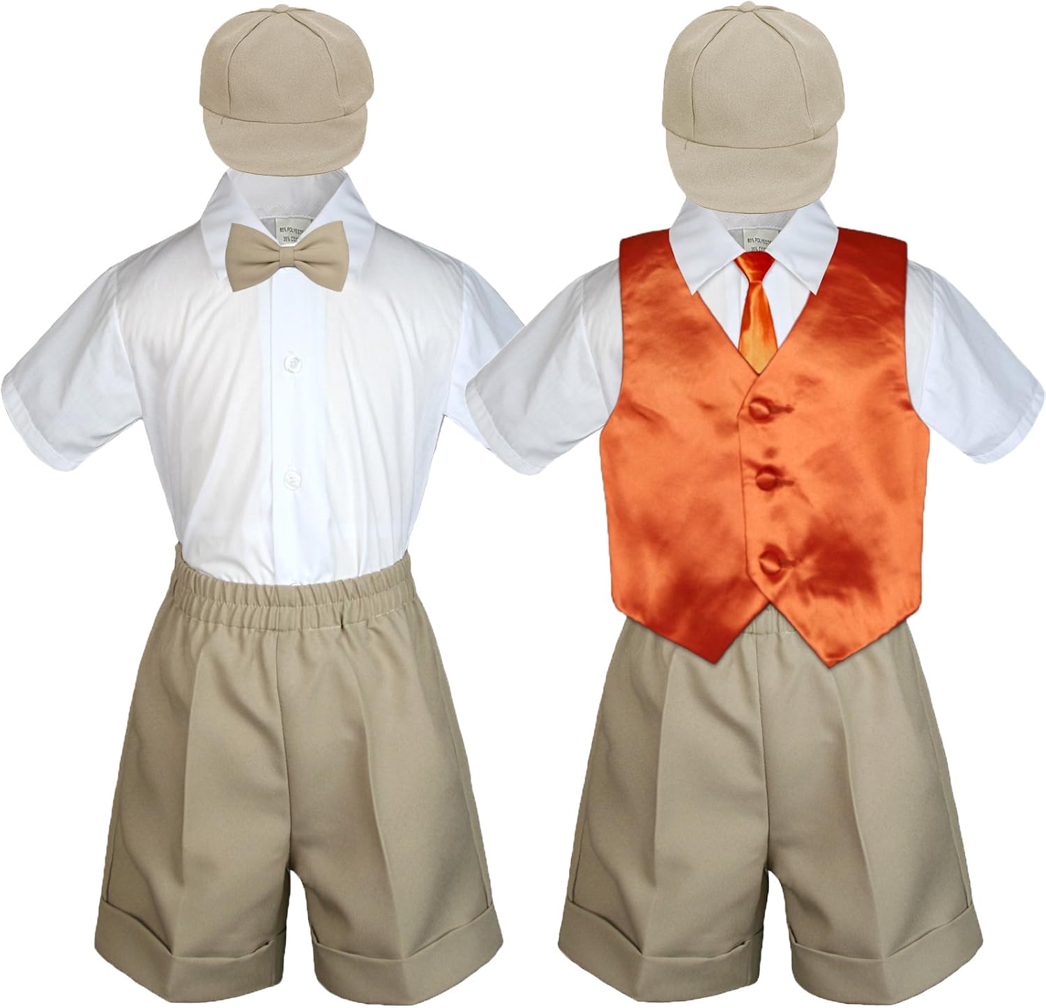 Baby Kid Toddler Boy Party Suit Khaki Shorts Shirt Hat Necktie Vest Set Sm-4T (Small (0-6 Months), Orange)