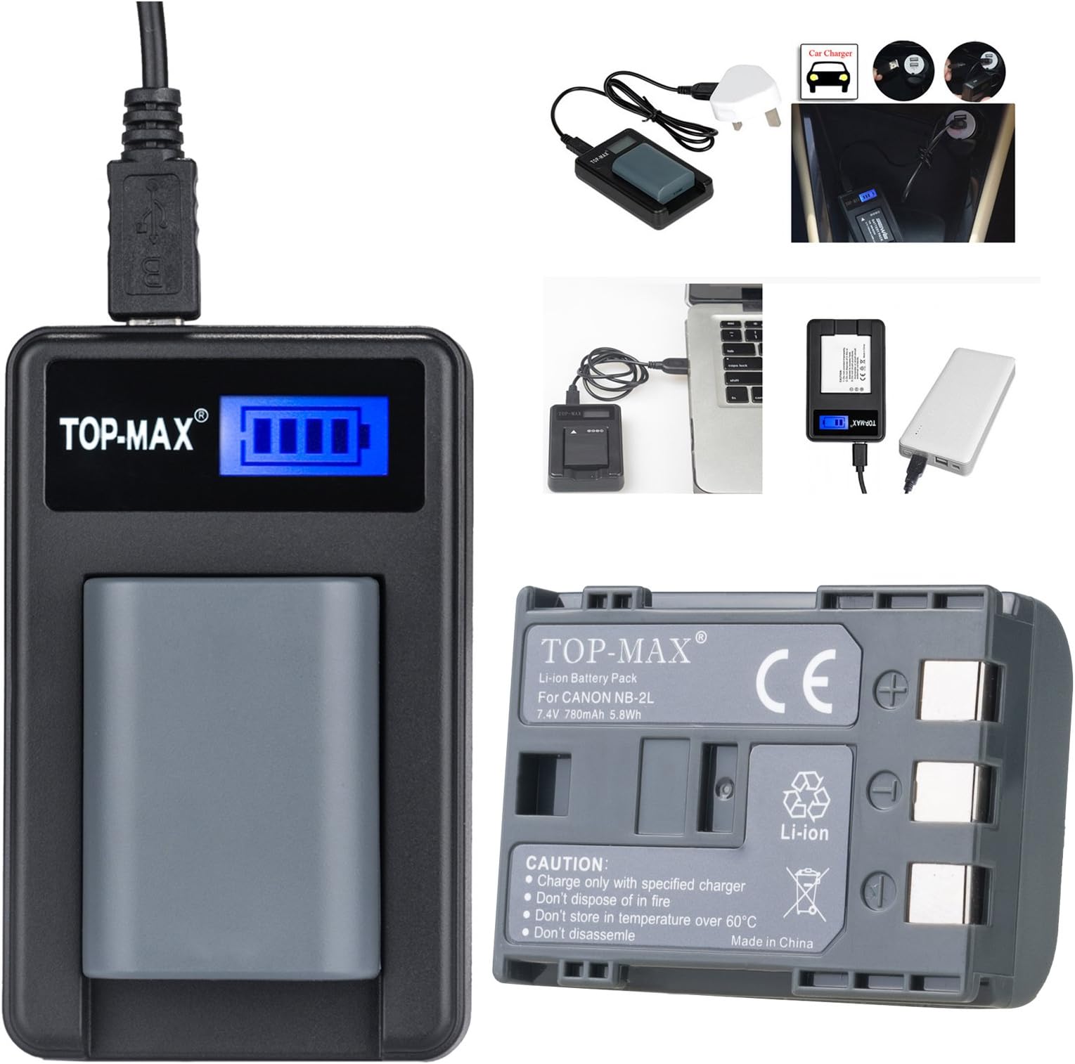 TOP-MAX® NB-2L/ NB-2LH / BP-2L5 / BP-2LH Battery + Rapid USB Charger for Canon EOS 400D 350D Digital Cameras